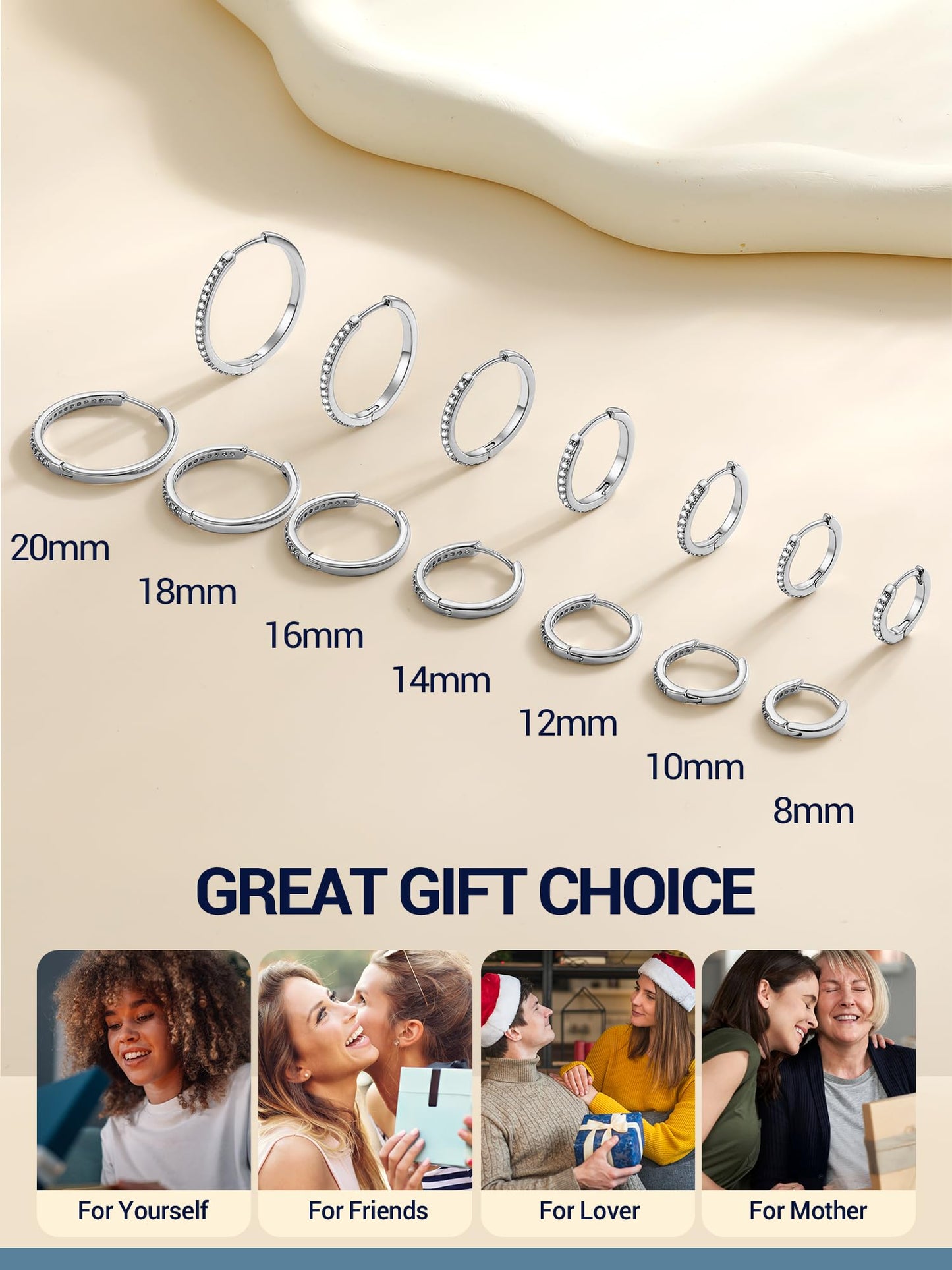 Silver Hoop Earrings For Women Cubic Zirconia Hoops Earring Hypoallergenic 8mm Tiny Huggie Jewelry Non Tarnish Cartilage Piercing Waterproof Ear Earings