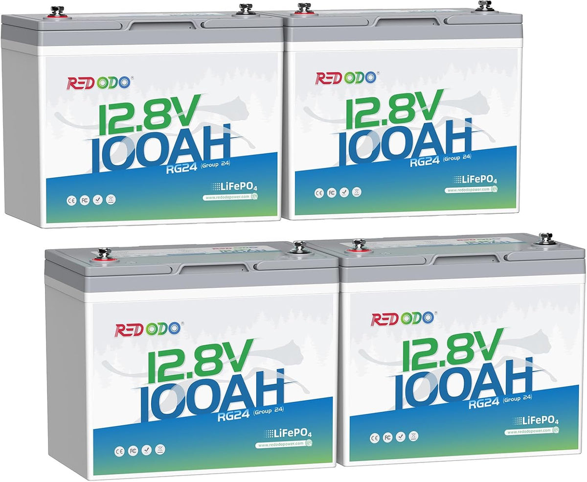 Redodo 12V 100Ah LiFePO4 Battery Group24, 25% Smaller Size, 1280Wh Energy with 100A BMS, 15000+ Cycles, Lightweight Lithium Deep Cycle Battery for RV, Camping, Trolling Motor, Home Storage 4 Pack