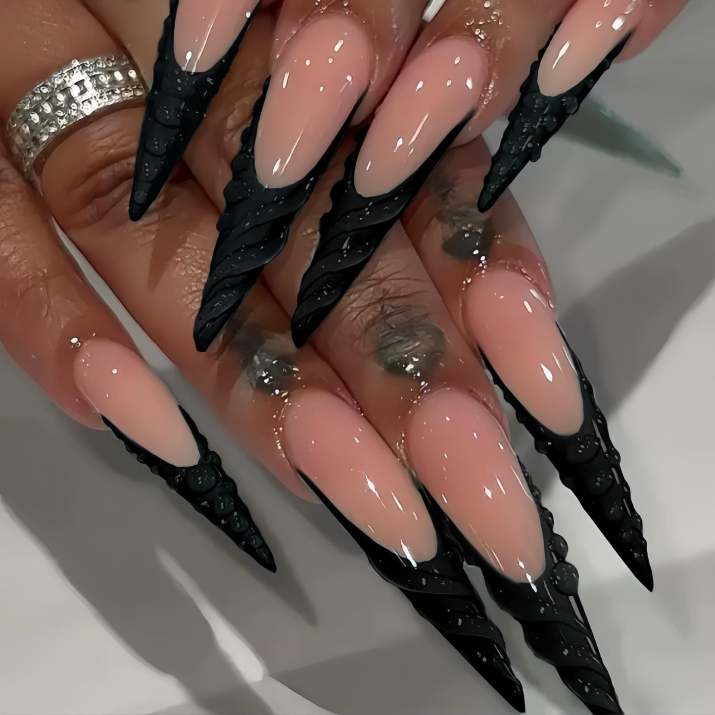 Long Press on Nails Stiletto Fake Nails Black French Artificial Nail with 3D Water Droplets Designs Extra Long Glossy Cute Stick on Nail for Women 24pcs