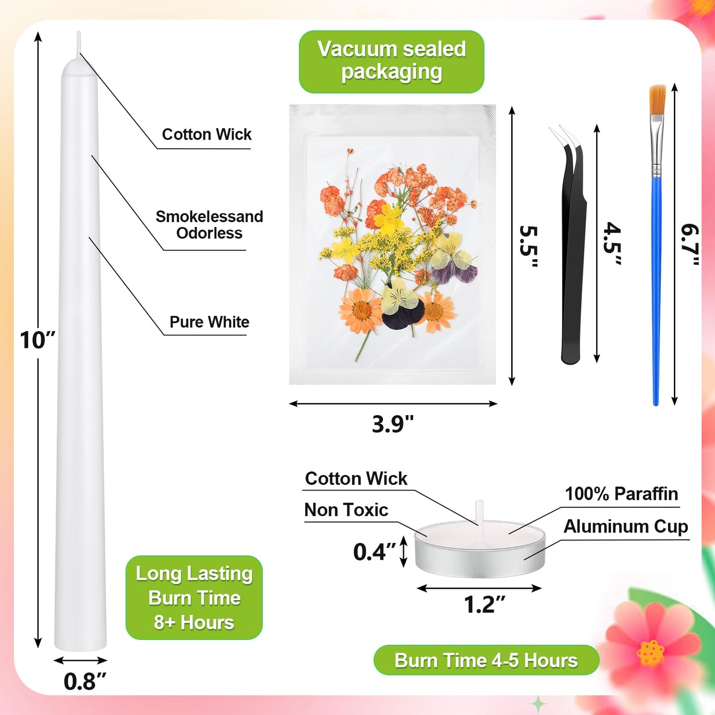 MTLEE 30 Pack Pressed Flower Candles Making Kit 6 Set Dried Pressed Flowers 12 White Taper 10 White Tealight Candles with Tweezers Brush for DIY Crafts Birthday Wedding Party Favors