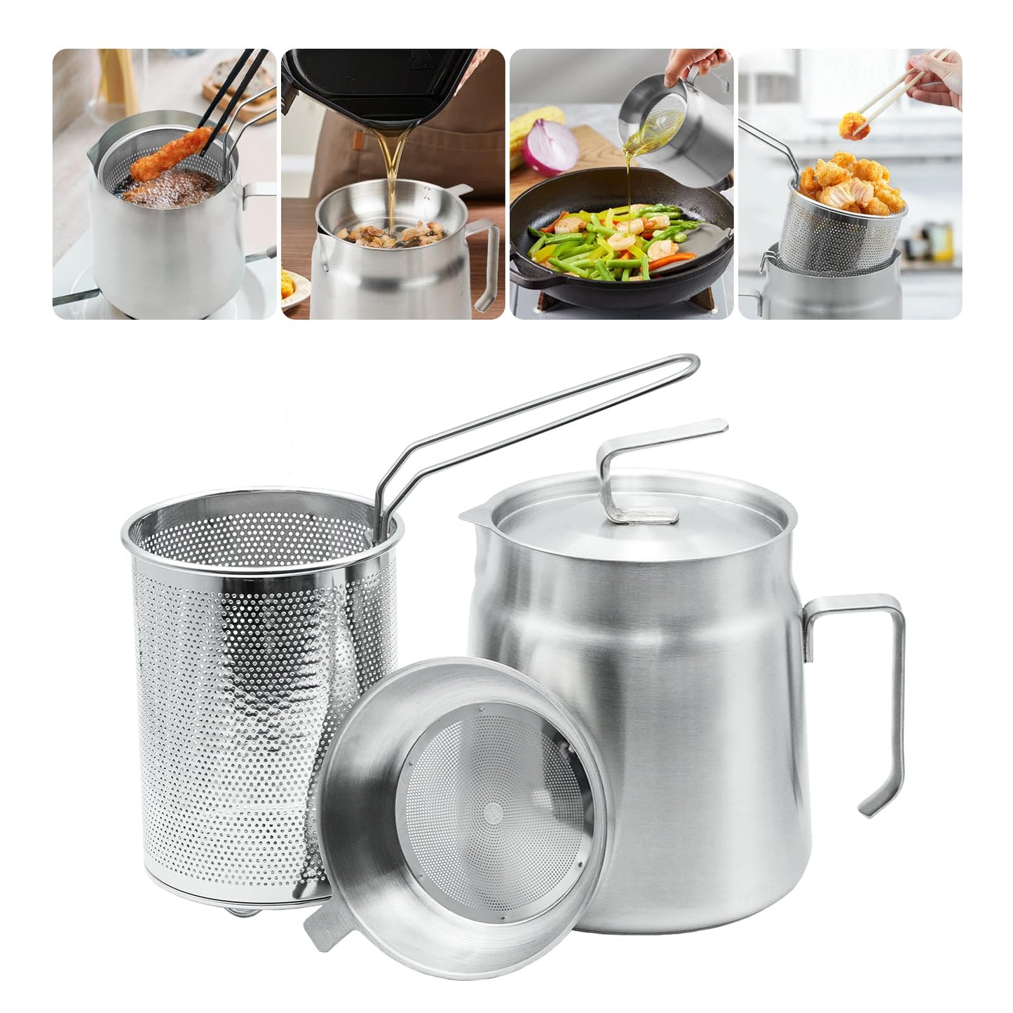 68oz Stainless Steel Oil Filter Pot with Deep Fryer Basket - Kitchen Large Capacity Versatile Oil Strainer Vessel and Bacon Grease Saver for Cooking Grease