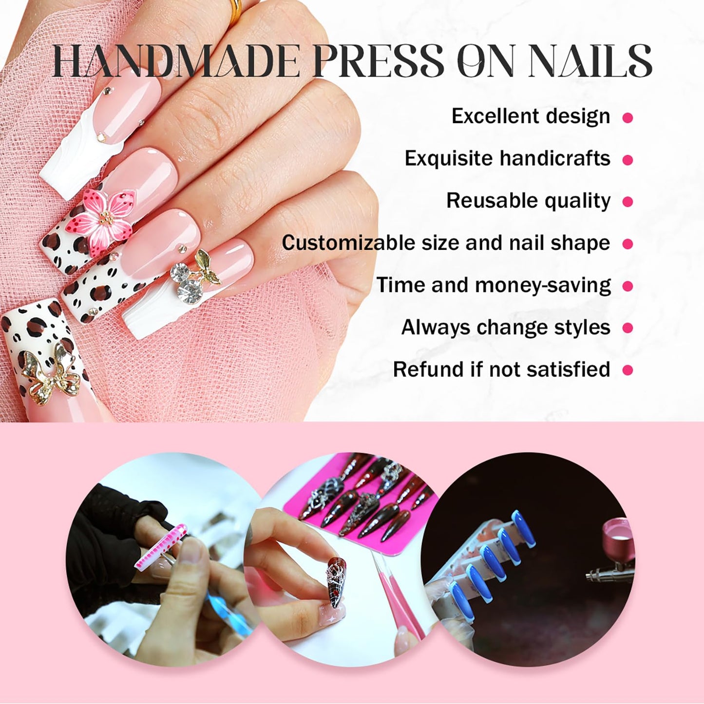 XGV Handmade Sheer Nude Base with 3D White Floral Design & Pearl Accents - Reusable Acrylic French Tip