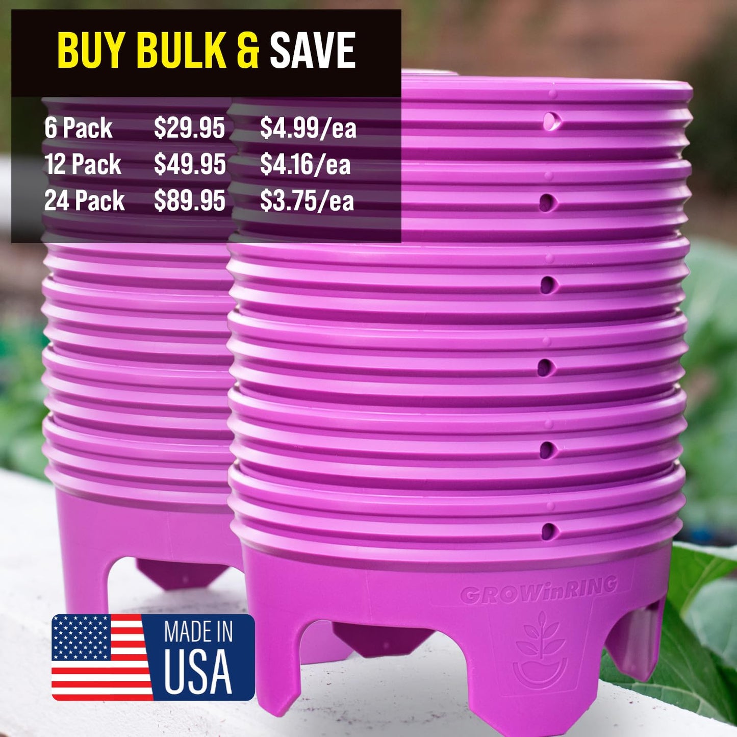 7 inch Solid Planting Grow Rings | 6 Pack Purple | One-Piece Design for Deep Root Watering Veggies, Herbs & Flowers | Mulch & Soil Barrier | Deter Slugs and Cutworms | Heavy Duty | Made in USA