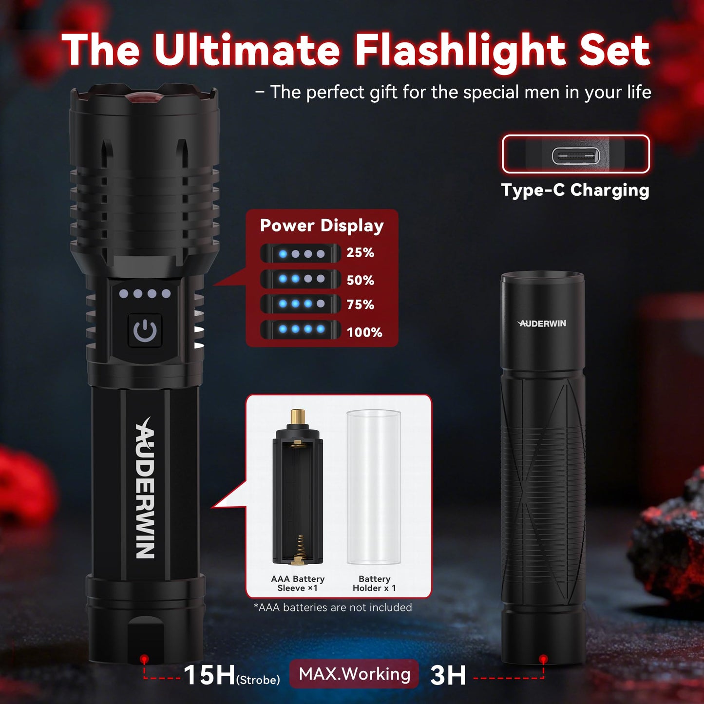 AUDERWIN G5 Rechargeable Flashlights 10000 High Lumens, EDC Flashlight with 365nm Black Light UV Flashlight & Laser Pointer for Emergency Detection Camping, Multifunctional 2-in-1 Set Gifts for Men