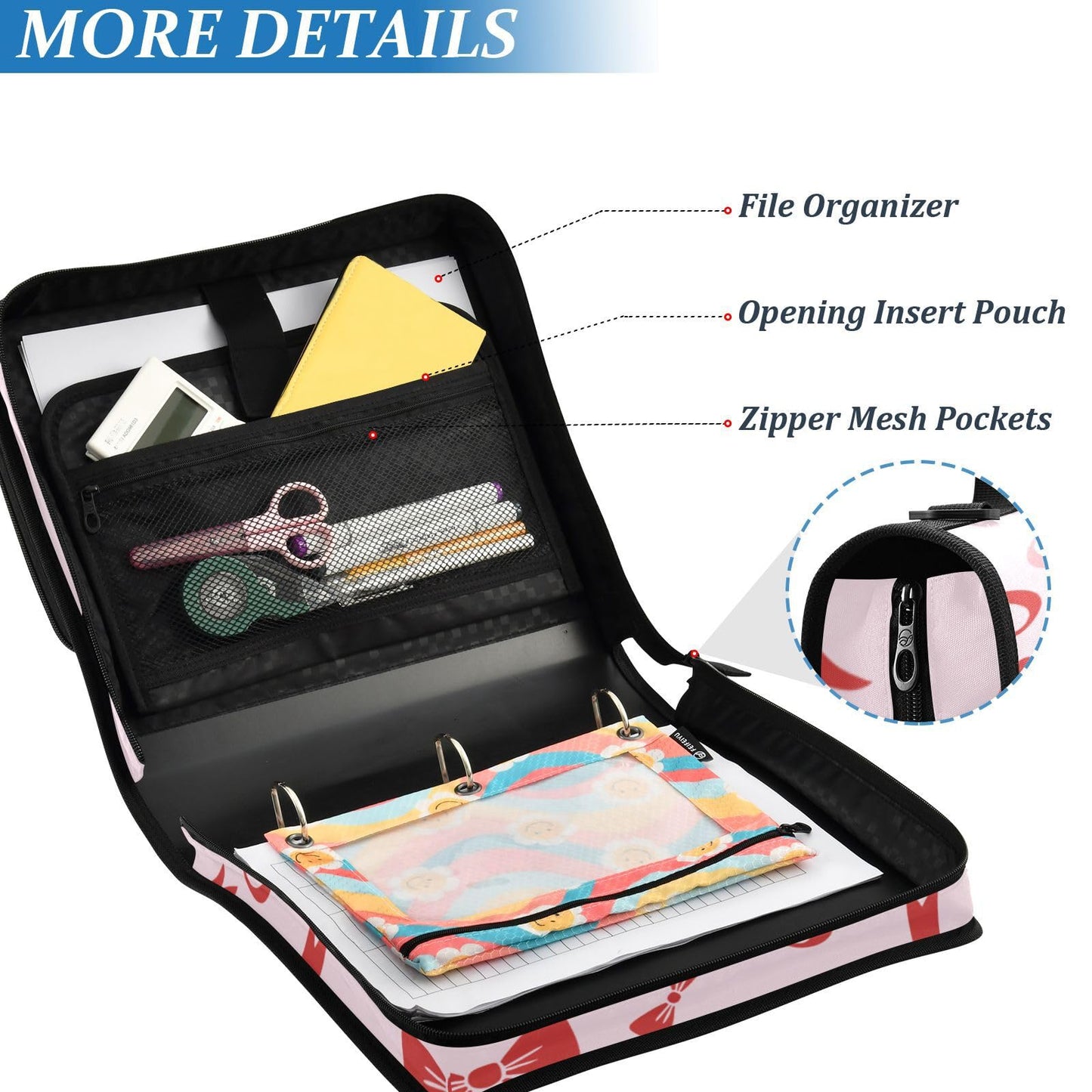 Ribbon Bow Pink Print Zipper Binder Bag 3 Ring with Shoulder Strap & Handle Multi Pocket Binder Organizer Bag Large Capacity for School Office Supplies