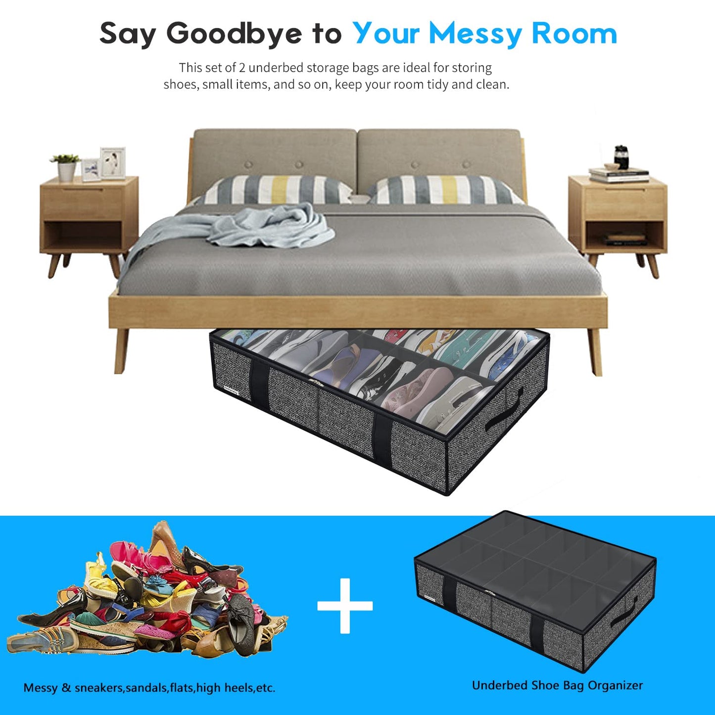 Onlyeasy 2 Pack Under Bed Shoes Storage Bag Organizer (14+4 Pairs), Collapsible Shoe Boot Container with Handles, Underbed Storage Solution for Kids & Adults, 86x60x15cm, Linen-like Black, MXAUBS14S4