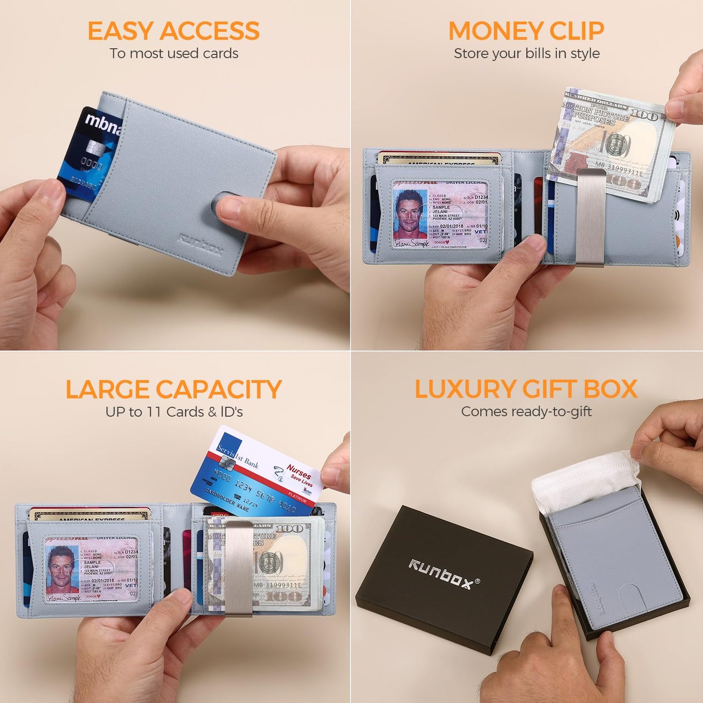 RUNBOX Slim Money Clip Wallets for Men RFID Blocking 11 Card Holder Minimalist Small Leather Bifold Novelty Men's Wallet Front Pocket Gift Box
