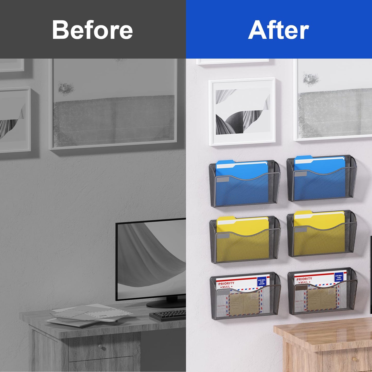 samstar 6 Pack Mesh Wall Mounted File Holder Metal Wall File Pocket Mail Organizer for Office/Home(with Label Panel)