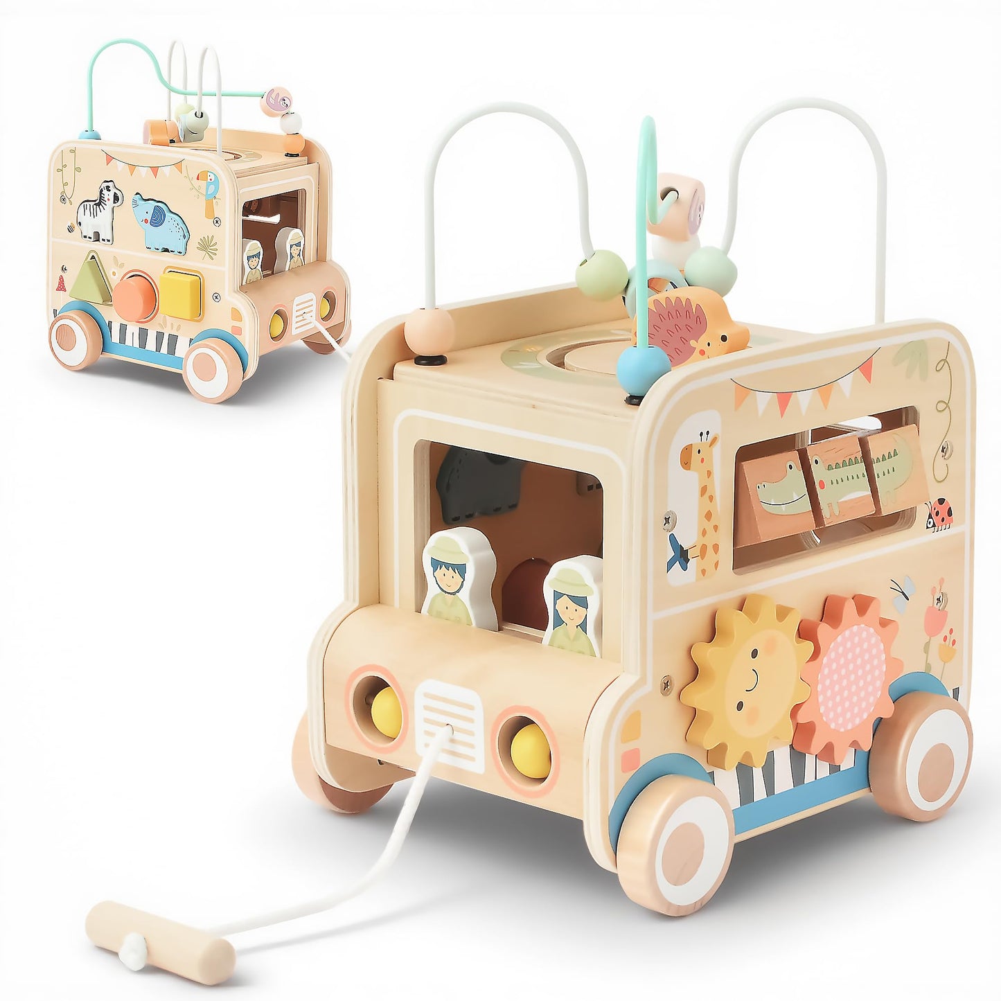 Pithfor Wooden Pull Along Activity Cube Toys, Montessori Toys for 1 2 3 Year Old Baby Toddlers, Baby Activity Cube for 1 Year Old, 1st First Birthday Gift