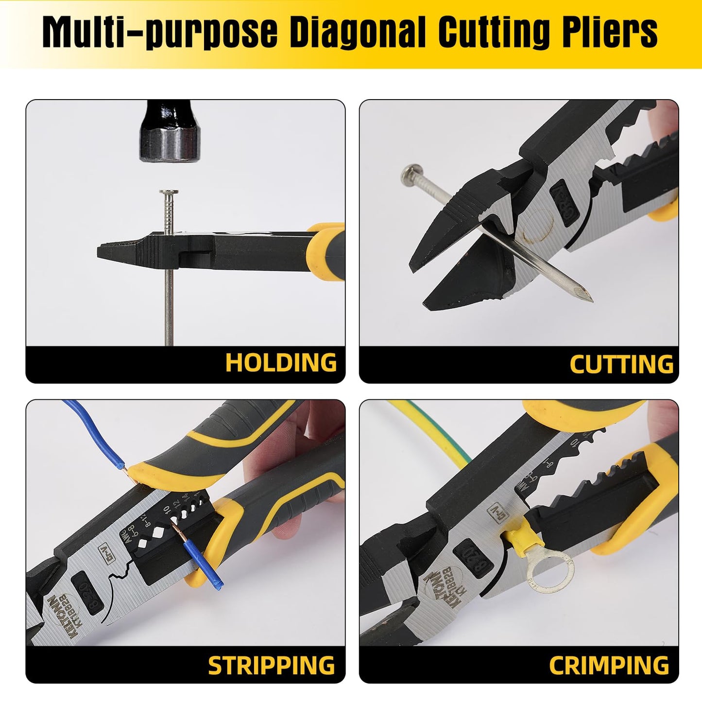 Fancytool Multi-Function Diagonal Pliers, 8-inch 4-in-1 Cr-V Steel Heavy Duty Side-Cutting Pliers with Cutting, Stripping, Crimping, and Gripping for Electricians and Homes