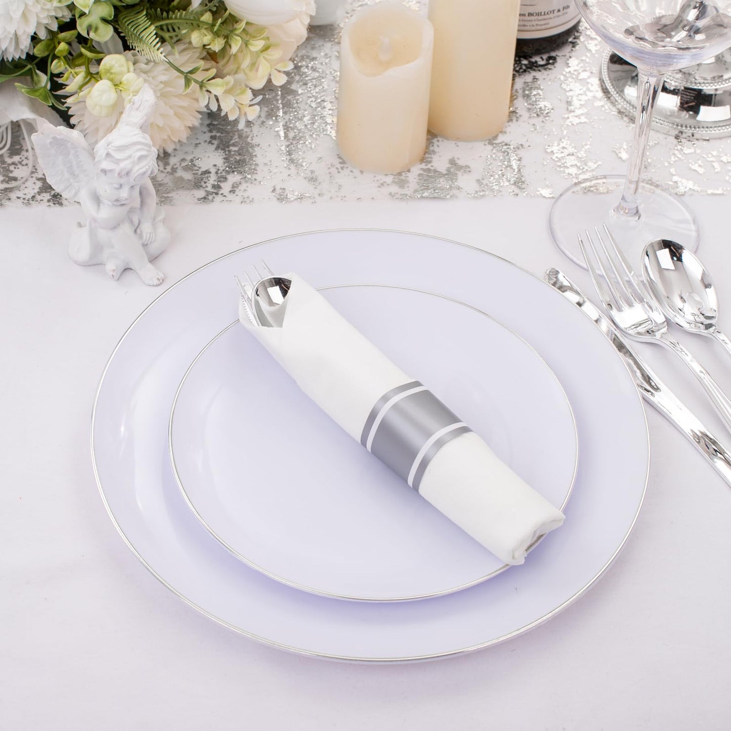 Supernal 120pack Silver Plastic Silverware,Rolled Plastic Silverware,Pre Rolled Napkins with Cutlery Set,Wrapped Disposable Cutlery Set with Napkin Perfect for Mother's Day, Birthday, Wedding,Catering