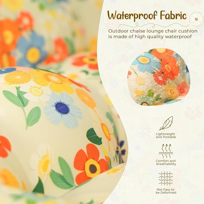 Outdoor Chaise Lounge Chair Cushion 75.1 x 22.8 x 4.7 Inches 100% Waterproof Replacement Cotton Patio Pool Lounge Chair Cushion for Outdoor Furniture with Ties, Daisy