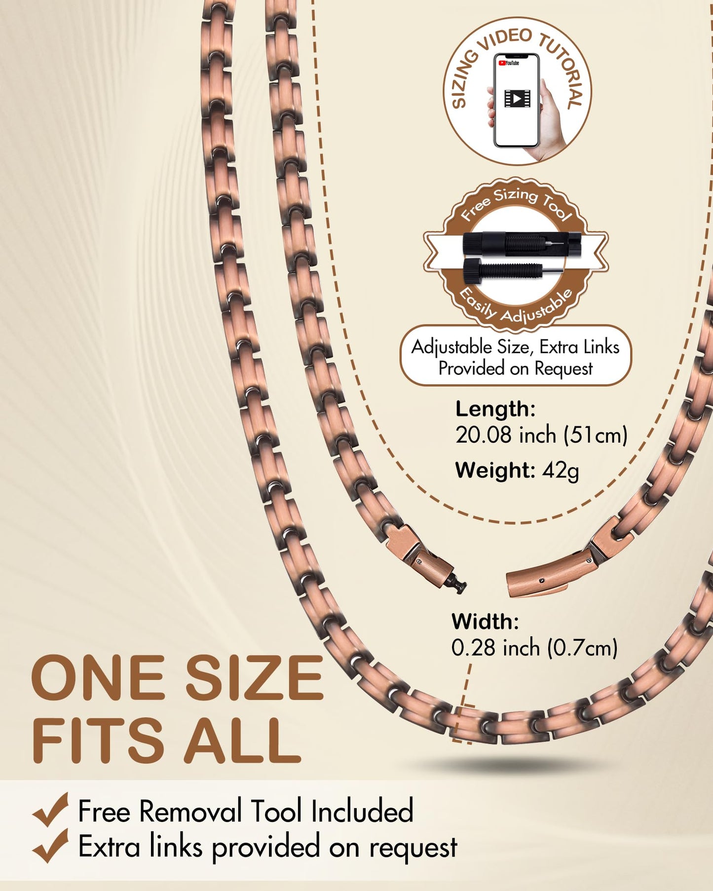 Feraco Copper Necklace for Men Women, 99.99% Pure Copper Magnetic Chains with 3500 Gauss Ultra Strength Neodymium Magnets, Adjustable Jewelry Gift with Sizing Tool (Smooth Wave)