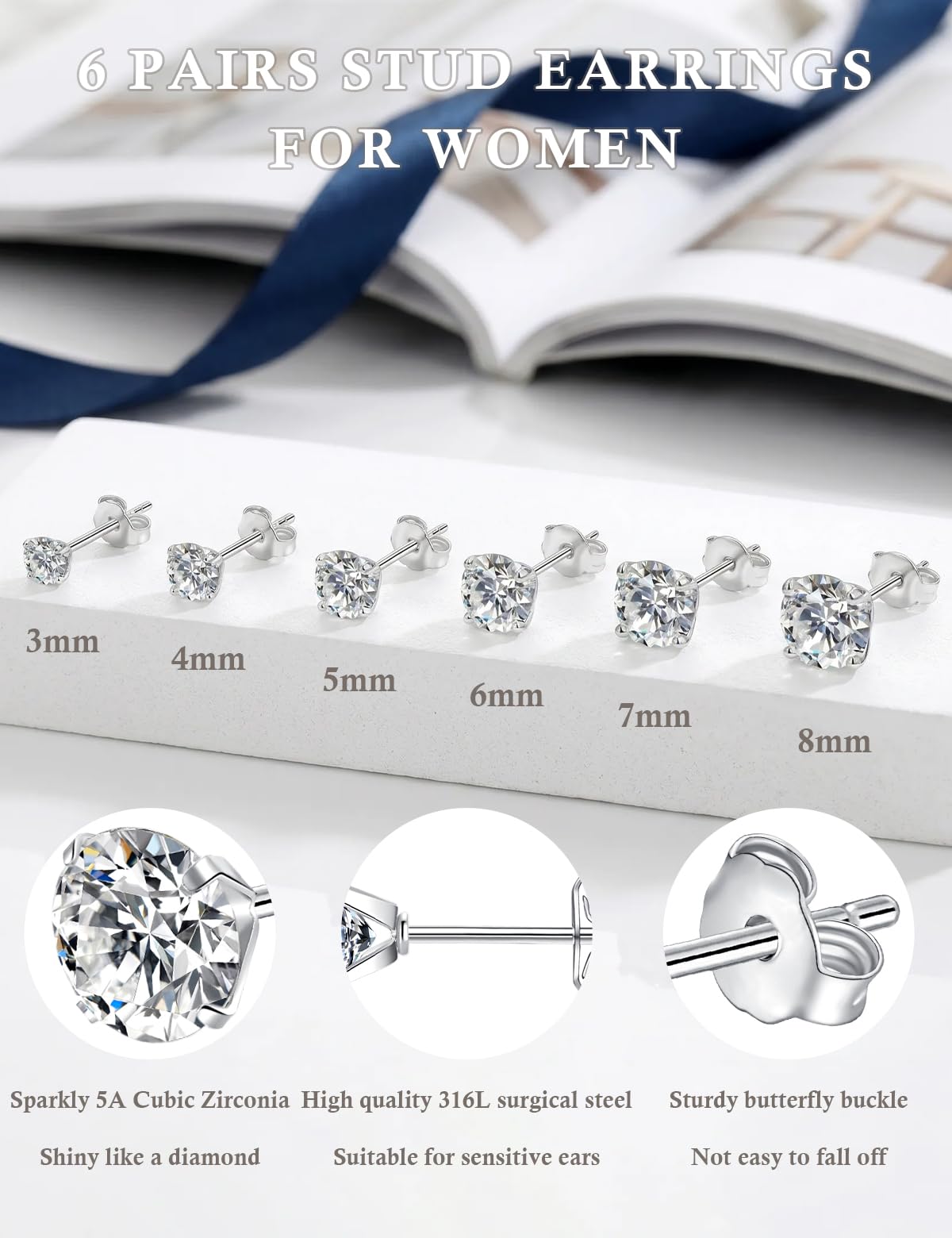 6 Pairs Stud Earrings for Women Men, Hypoallergenic Cubic Zirconia 316L Earrings Surgical Steel Earrings for Sensitive Ears, CZ Cartilage Stud Earrings Set for Multiple Piercing 3-8mm