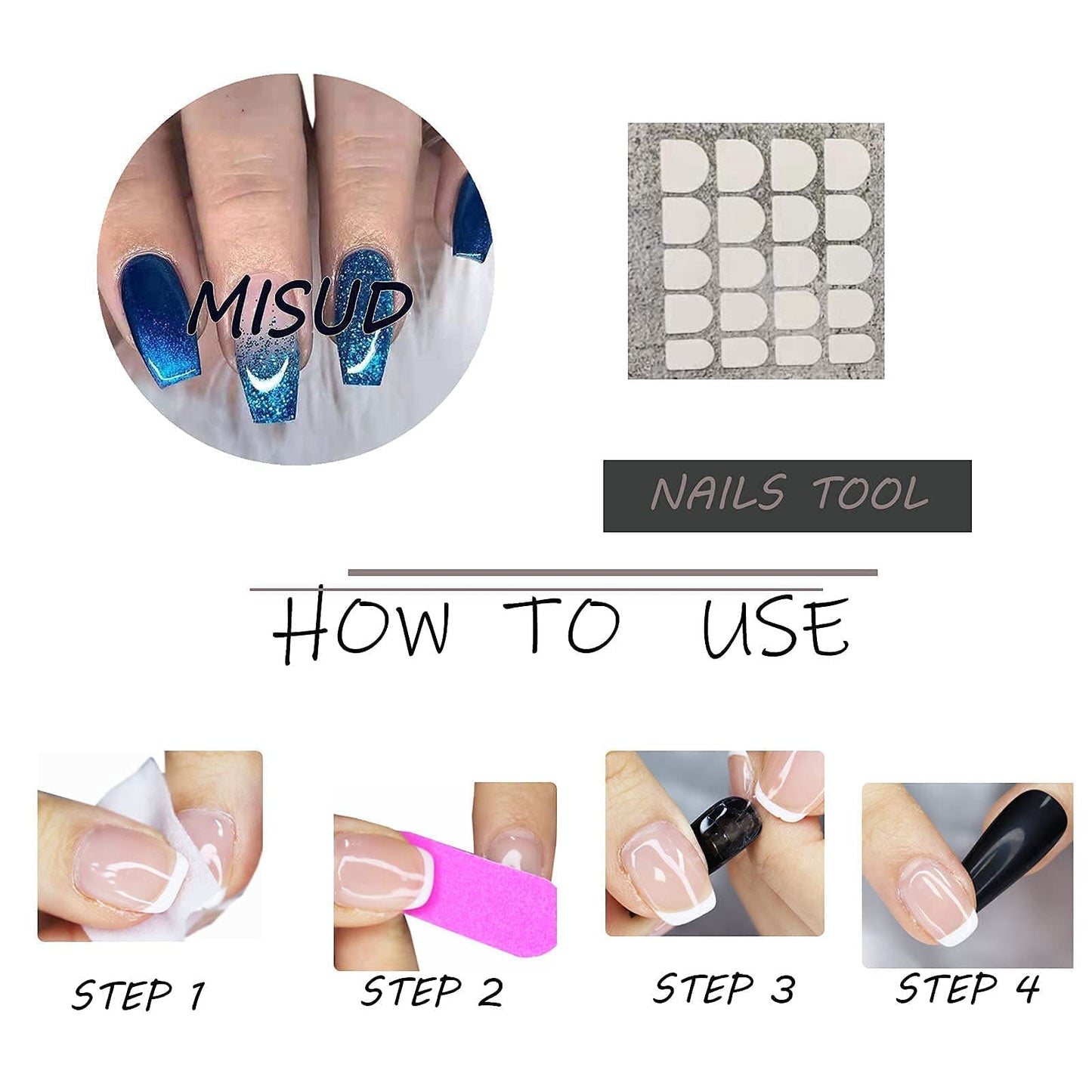 MISUD Press on Nails - Medium Coffin Glue on Nails with Blue Ombre, Acrylic Bling Glitter Design 24 pcs