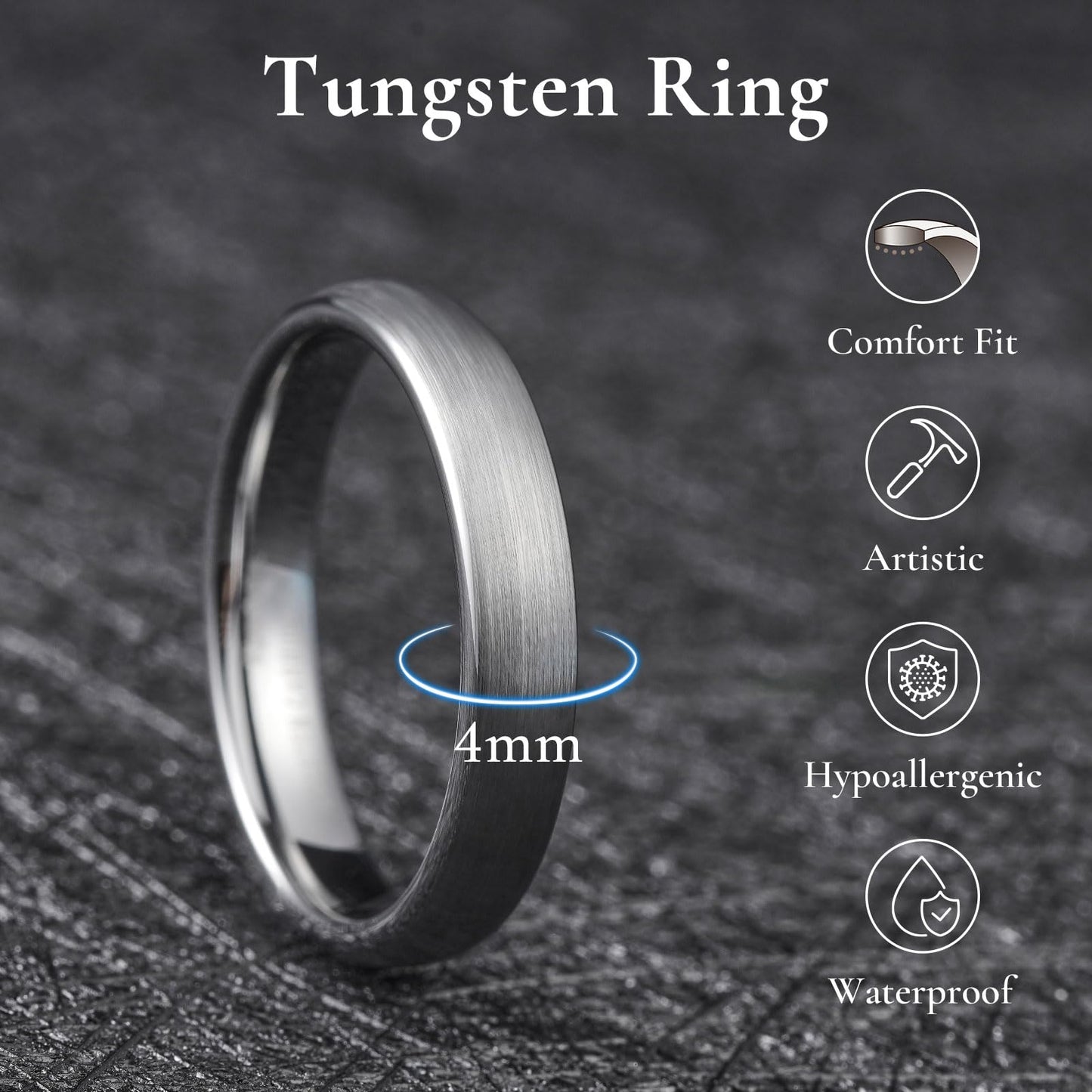 King Will 4mm Silver Wedding Band for Men Women, Domed Matte Tungsten Carbide Promise Rings, Comfort Fit, Size 10.5