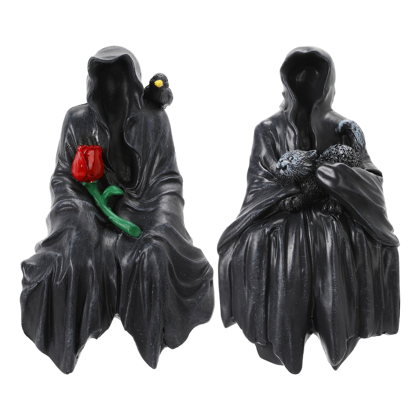 YYPLIAN 2 PCS Grim Reaper Statue Gothic Faceless Figure Decor Sitting Statue with Rose and Cat for Halloween Home Tabletop Bookshelf Figure Decor