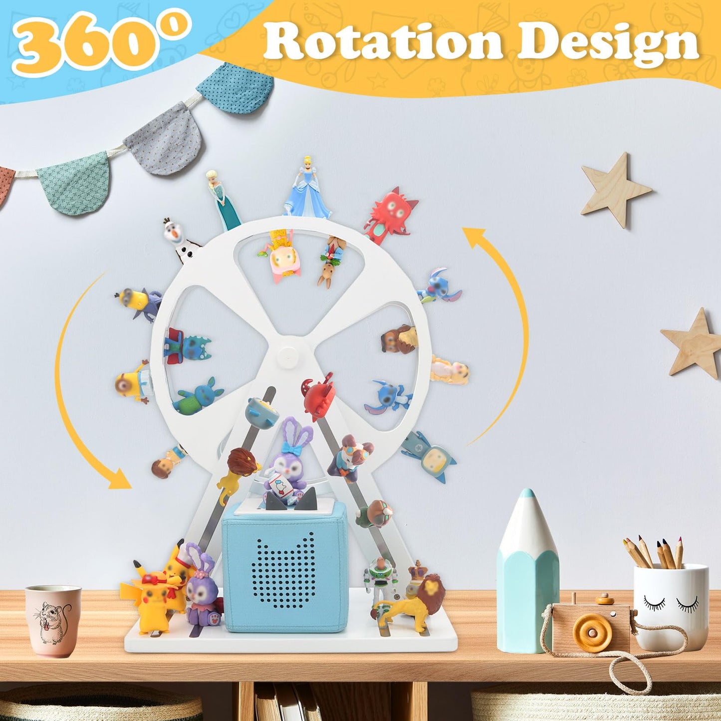 RZYLKA for Tonies Box Organizer Storage Shelf 360° Ferris Wheel, Magnetic Floating Shelves for Generation 1 & 2 Player Tonies Figures Characters, Display Collection 50~70 Characters