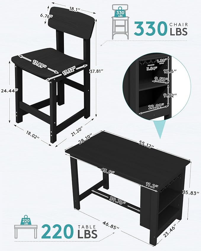 SERWALL Outdoor Bar Table and Chairs Set, 5-Piece HDPE Counter Height Patio Dining Sets with Storage and Wine Rack, Rectangular High Top Bar Table with 4 Bar Stools for Garden, Backyard, Black