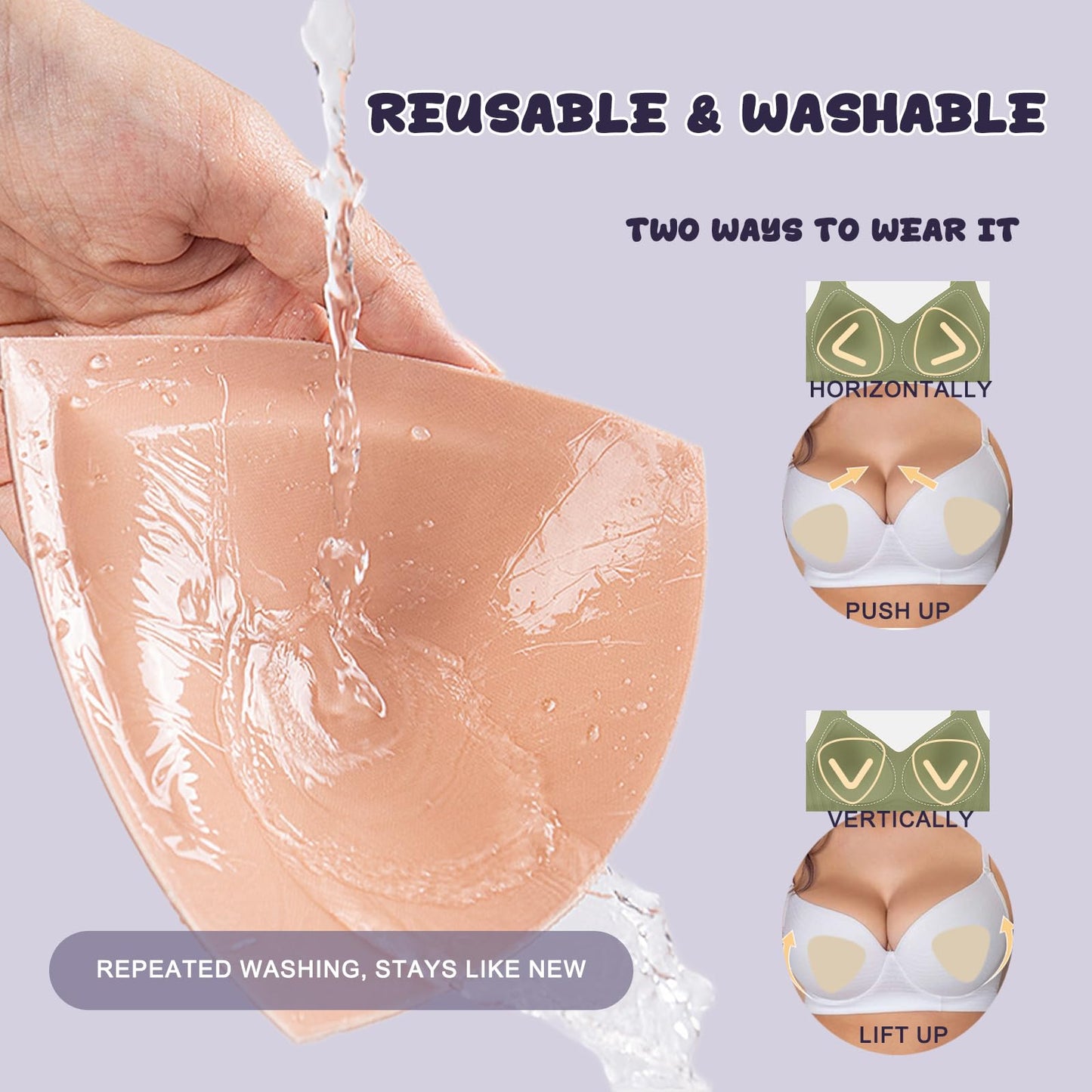 Wieysdoo Double-Sided Sticky Bra Insert Pads, Reusable Adhesive Push-Up Bra Pads for Large Breasts, Seamless Lift Bra Inserts for Bikini Swimsuit Strapless Dress,M Beige