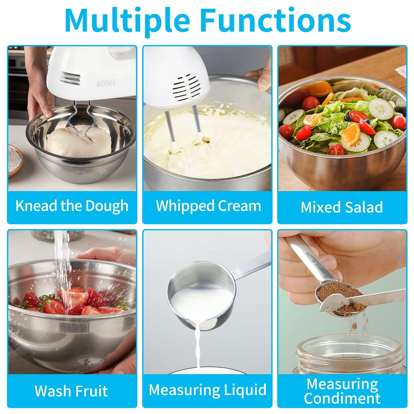 WEPSEN Hand Mixer Electric Mixing Bowls Set, 5 Speeds Handheld Mixer with 4 Nesting Stainless Steel Mixing Bowl, Measuring Cups Spoons 200W Kitchen Blender Whisk Beater Baking Supplies For Beginner