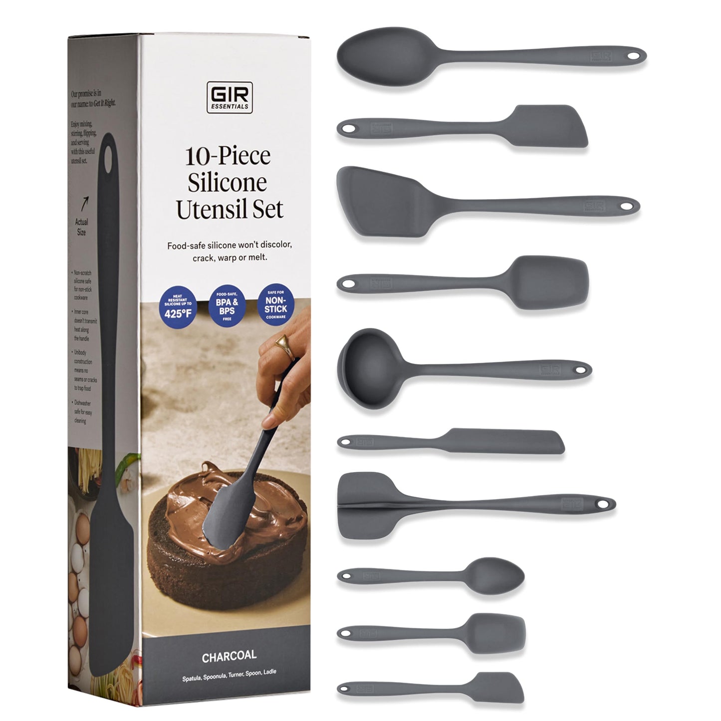GIR: Get It Right 10-Piece Silicone Essentials Kitchen utensils set - Ladle, Spatula, Flip, Spoon & Spoonula - Non toxic cooking utensils for Nonstick Cookware, Cooking and Baking - Charcoal