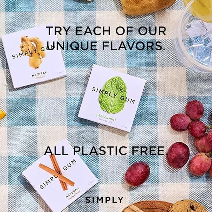 SIMPLY Gum Variety Pack (Assorted Flavors), Plastic-Free Natural Chewing Gum, 12 Pack (180 Pieces) | Vegan, Kosher, Non GMO, Aspartame Free and Sorbitol Free