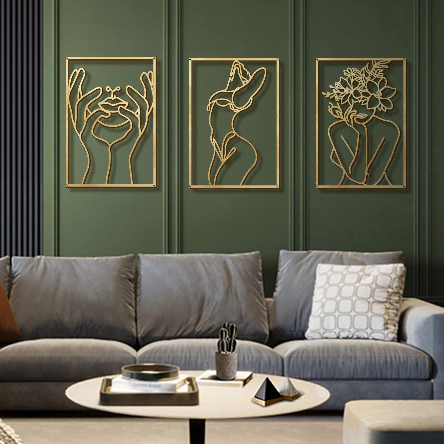 Glamativity 4 Pack Gold Wall Art Decor, Minimalist Single Line Real Metal Wall Art, Woman's Body Shape Abstract Wall Art (Gold Classic Style, 17 x 11.8'')