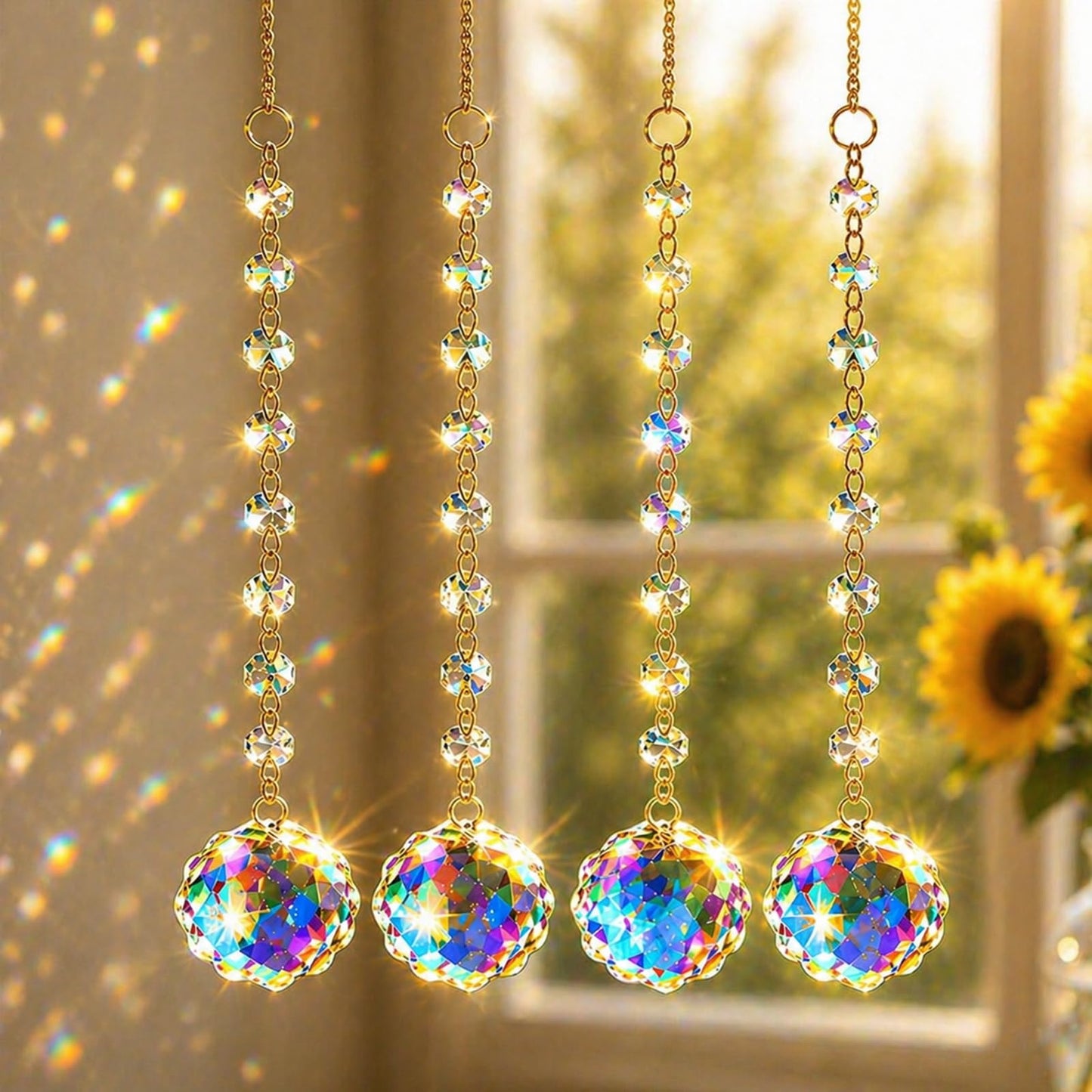 4Pcs Sun Catcher Crystals for Window Hanging, 18.1Inch Prism Suncatcher Rainbow Maker Crystals for Home Garden Decor Lamp Chandelier Lamp Prisms Wedding Party Xmas Gift