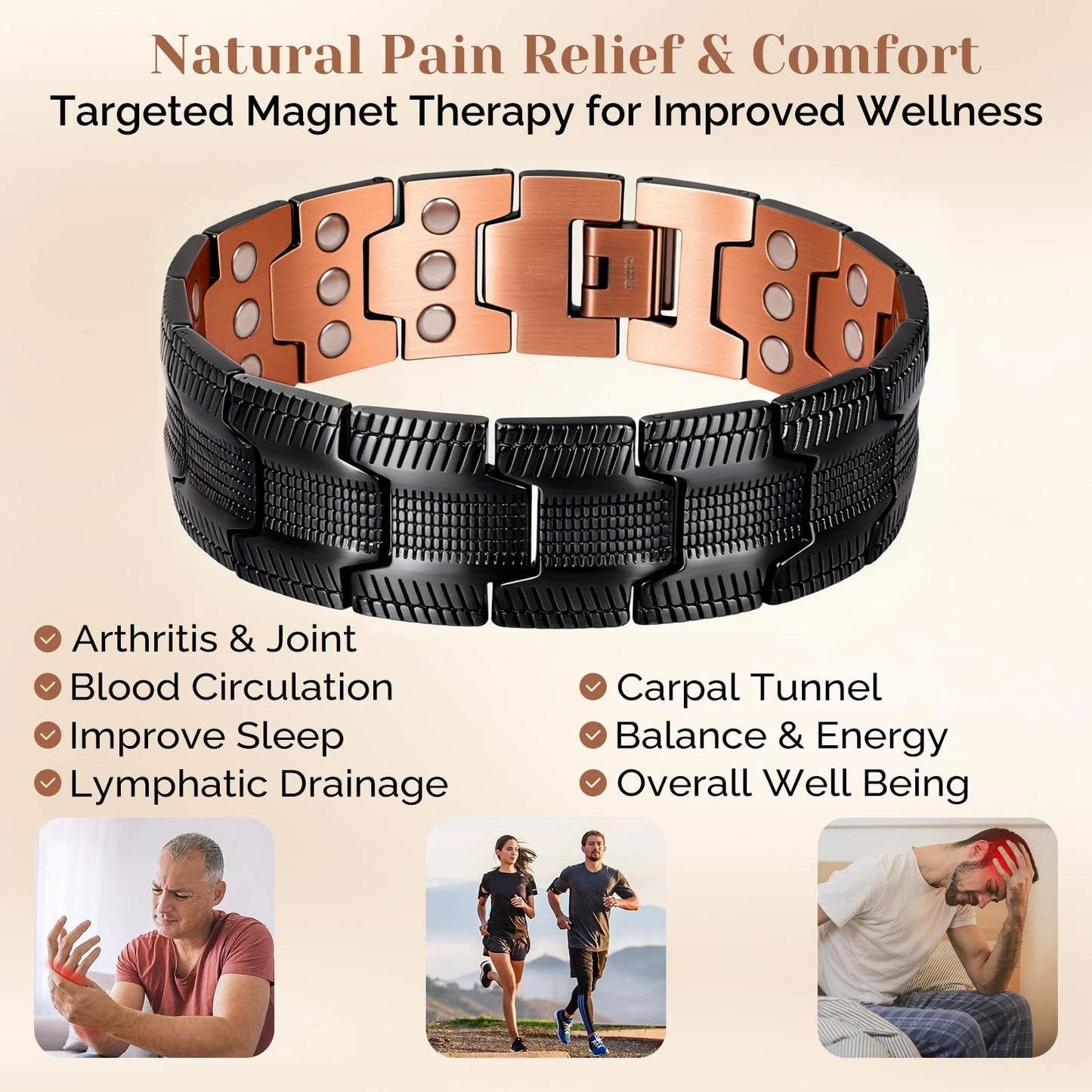JEROOT Men's 99.99% Pure Copper Magnetic Bracelet, 3500 Gauss Magnets Adjustable with Sizing Tool