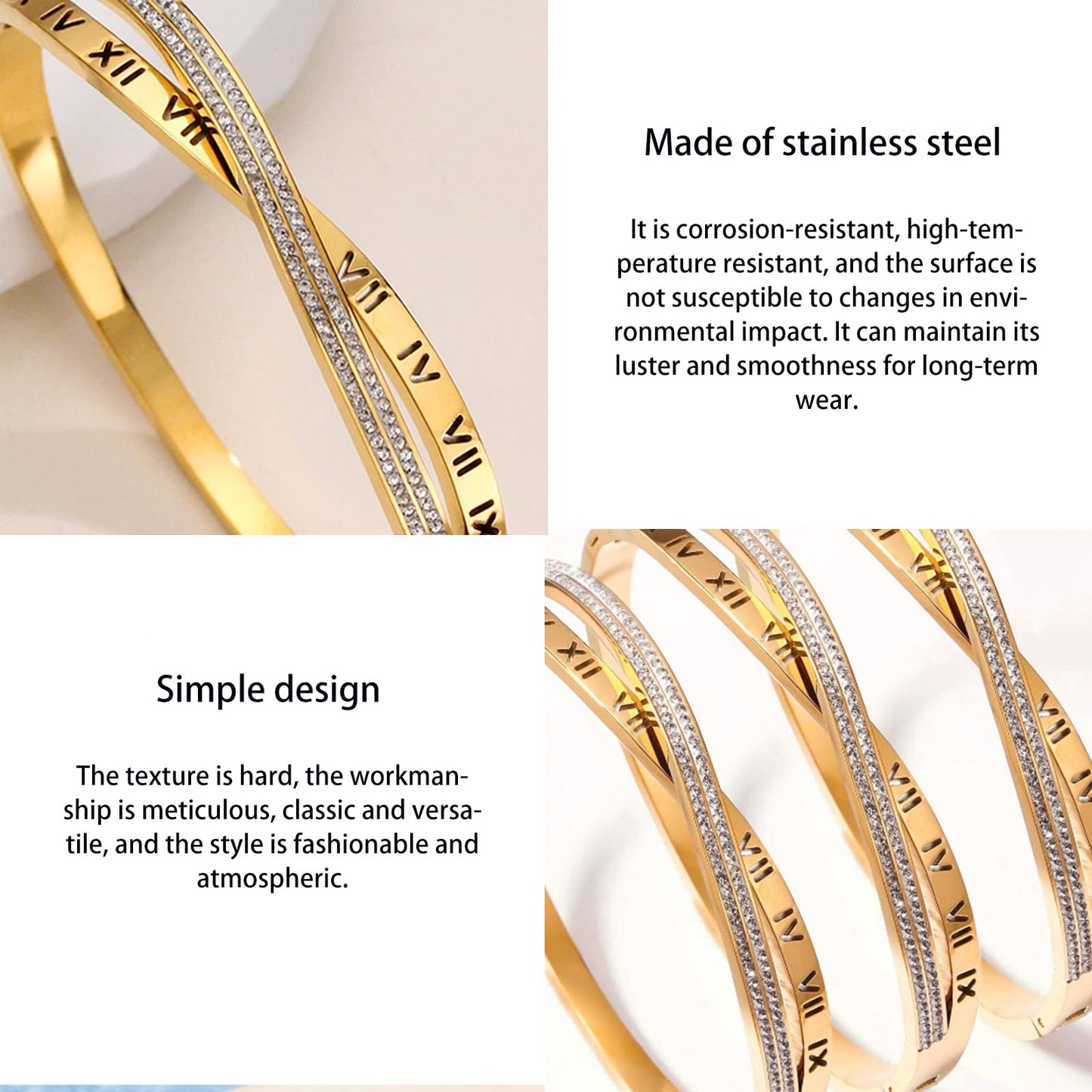 Vbvbip 18K Gold Plated 316L Stainless Steel Bracelets Bangle Collection - 12 Unique Designs + Matching Diamond-Accent Titanium Steel Chain, Gift for Women