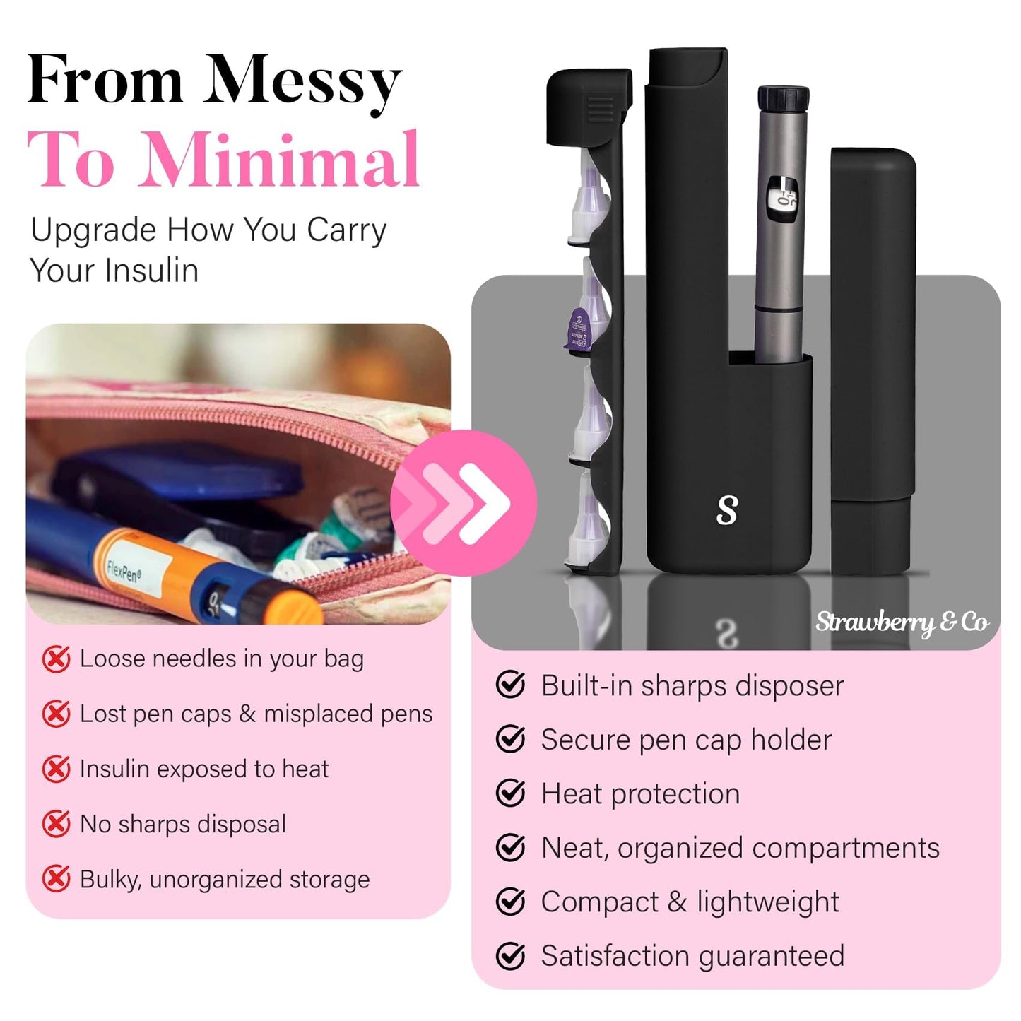 STRAWBERRY & CO Insulin Cooler Travel Case - Built-in Sharps Dispenser & Temperature-Control Organizer- TSA Approved Diabetic Pen Storage for Ozempic, Insulin Pens & Needles - Compact & Leak-Proof