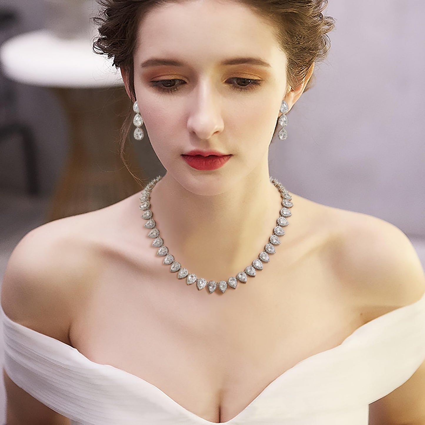 EleQueen Women's Wedding Bridal Full Prong Cubic Zirconia Teardrop Necklace Earrings Set for Brides Bridesmaids Clear Color