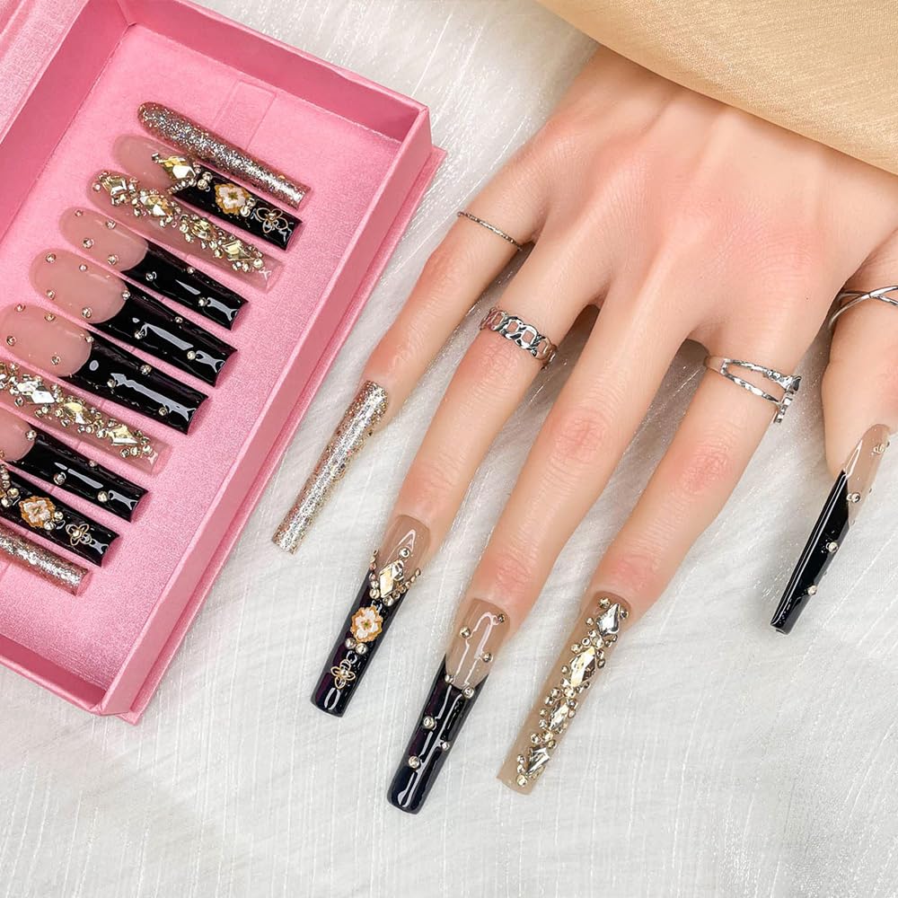 GGddsha 2025 100% Handmade Nails Long and Reusable PMMA Acrylic Press on Nails With Rhinestone Spot Black Design Reusable Full Coverage Fake Nails Handmade Nails Ladies Fake Nail Set (Black, M)