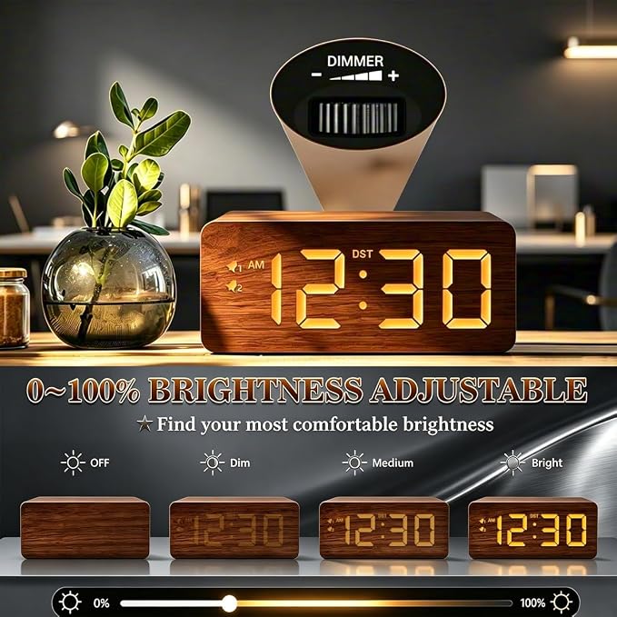 URAYCO Wood Digital Alarm Clock with 10W Fast Wireless Charger, USB Charging Ports, DST, Dimmable, Snooze, Large Number LED Display for Bedrooms, Desk, Living Room Table, Bedside, Nightstand (Brown)