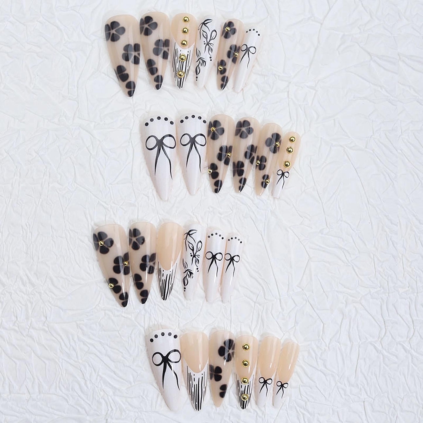 MISUD Press on Nails - Long Stiletto Fake Nails with Black White, Acrylic Handmade Gold Bead Design 24 pcs