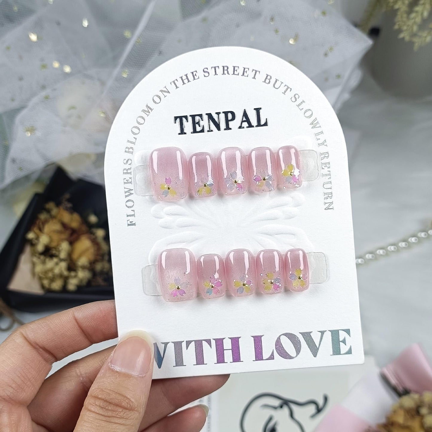TENPAL Short Square Round Press On Nails handmade,Pink Gradient Cat Eye nails with Cherry Blossom Decor,Glitter Sweet Cute False nails, Reusable Fake Nails for Girls Daily Office, Easy Apply 10pcs M