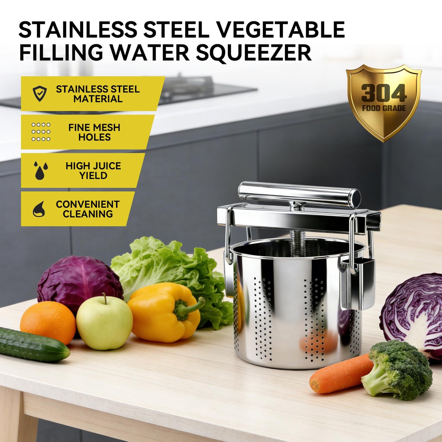 SQUEEZE master Stainless Steel Manual Vegetable Squeezer & Cheese Press,Food Press for Dumpling Filling, Spinach, Tofu, Herb & Fruit Juice-0.5 Gallons