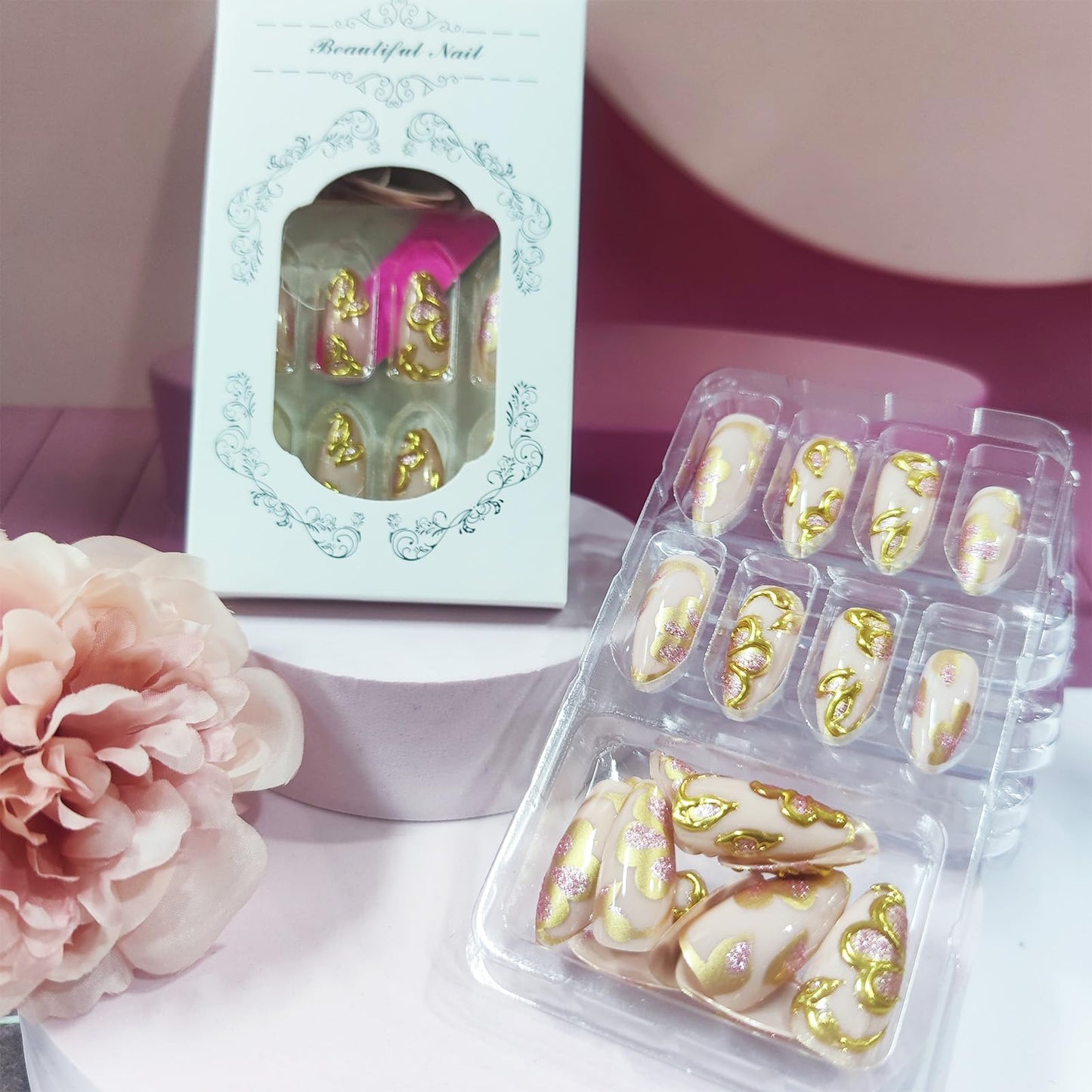 3D Gold Flower Press on Nails 24Pcs Peach Blossom Medium Almond Fake Nails Leaves Gel Glue on Fingernails Glossy Pink Glitter Stick on Nail Acrylic Full Cover False Nail for Holiday Manicure Art
