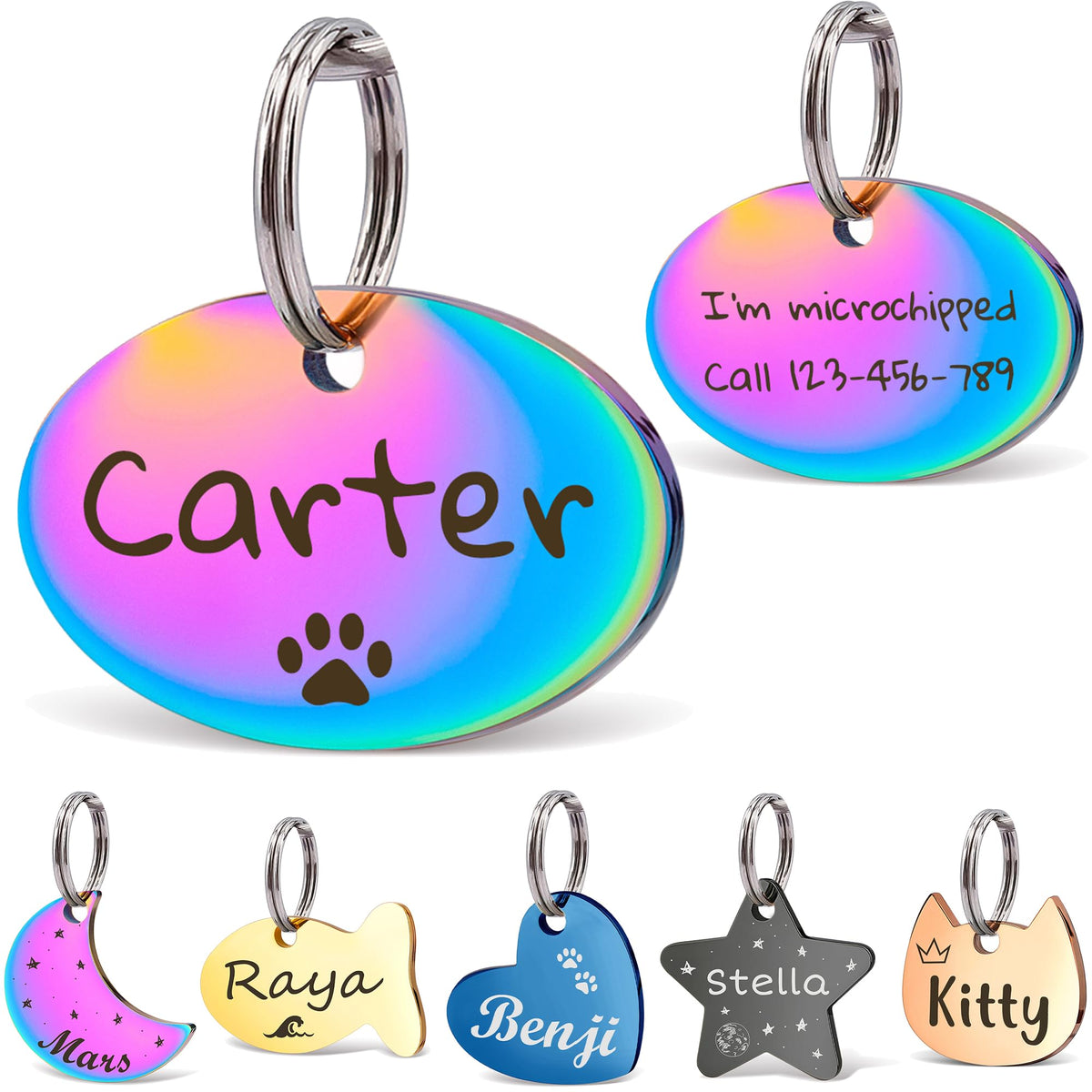 Anavia Small Size Dog Cat ID Tags, Small/XS Personalized Color Plated Stainless Steel Puppy Kitten Name Tags, Customized Engraved Nameplate Pet Collar Tag (Blue, Star)