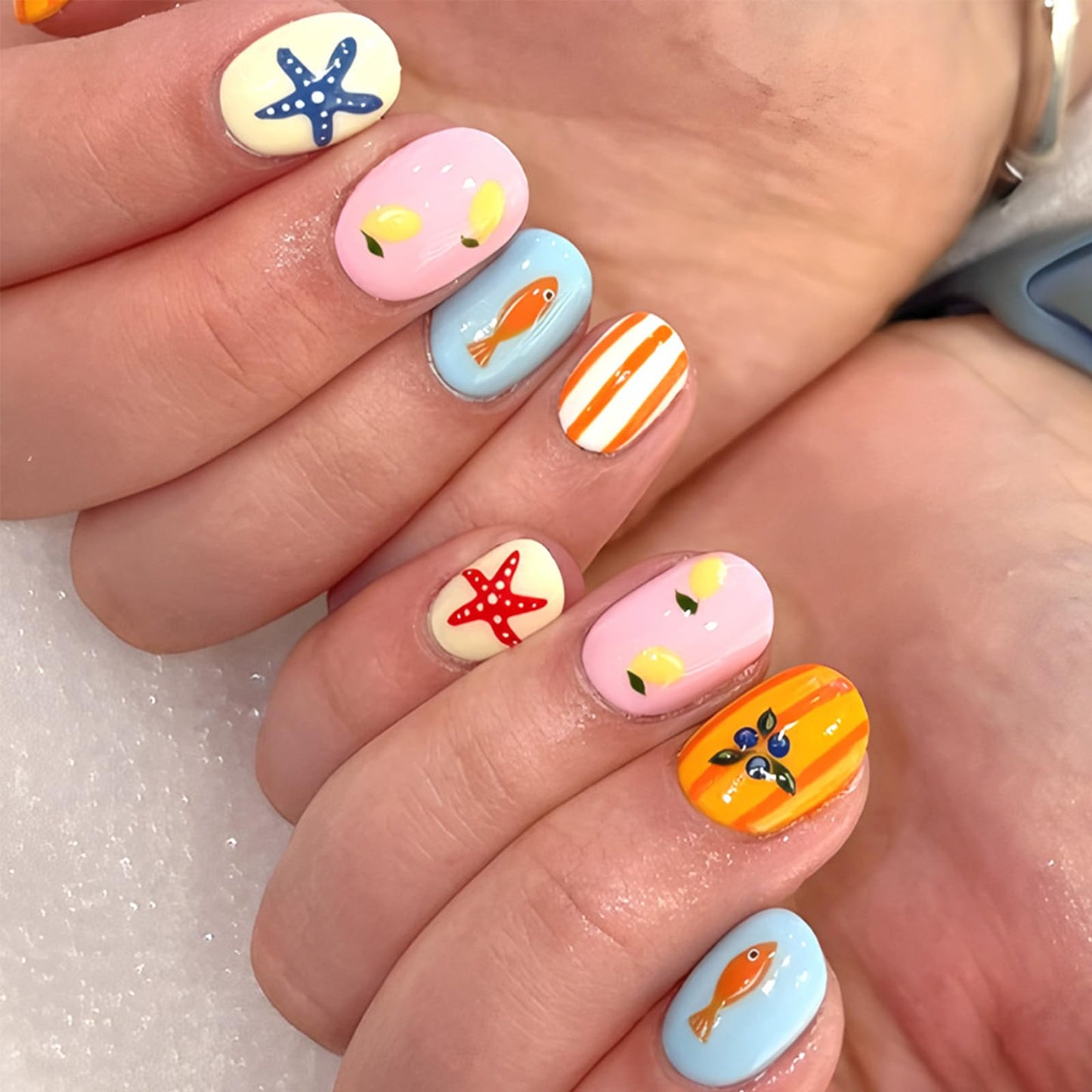 Short Square Press on Nails Summer Colorful Fake Nails with Starfish Blueberry Lemon Stripes Design Cute Cartoon False Nails Glossy Stick on Nail Artificial Glue on Nails for Women 24Pcs