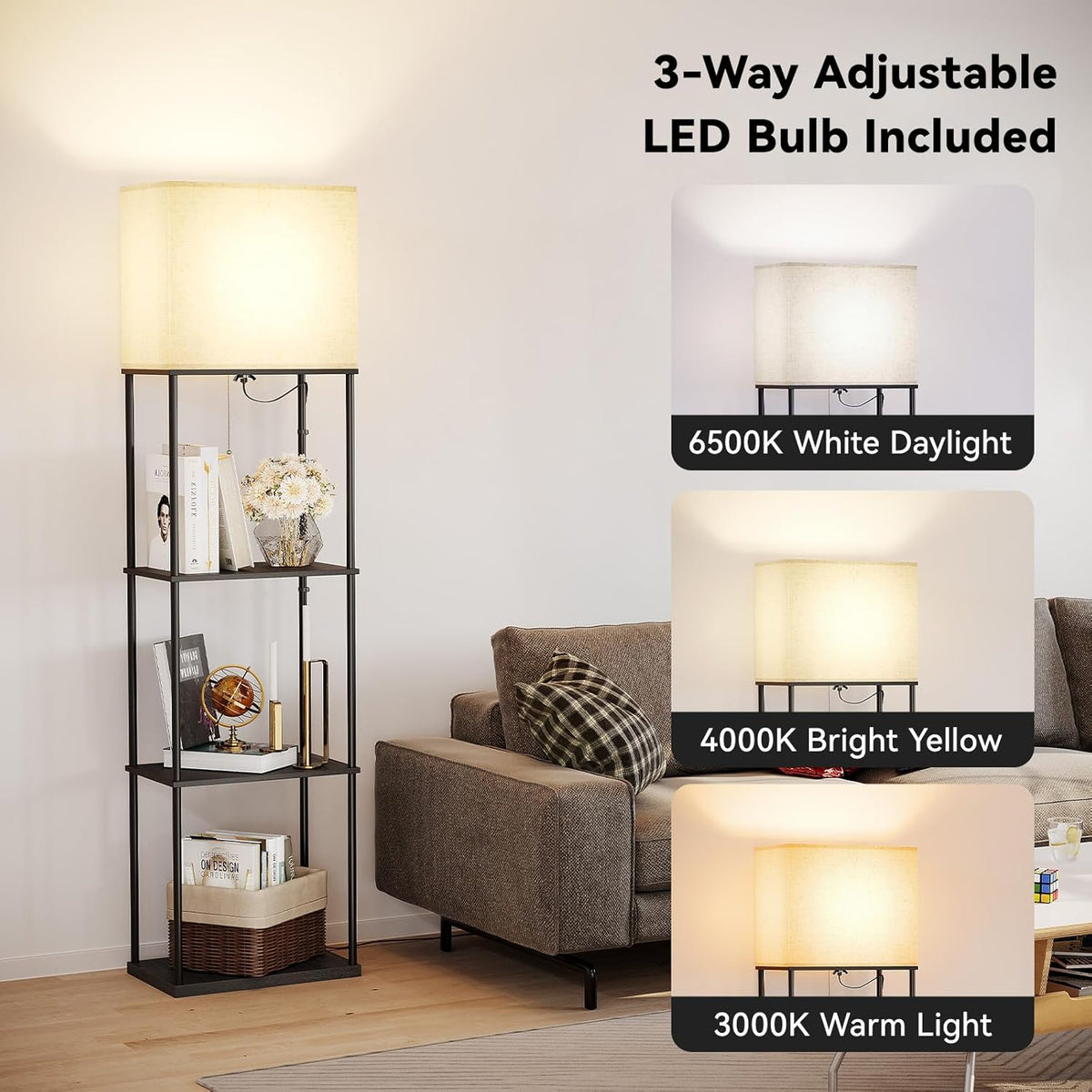 SUNMORY Large Size Floor Lamp with Shelves, 4-Tier Modern Standing Lamp with 3 Color Temperature Bulb, Tall Floor Lamp with Shelf, Corner Display Bookshelf Lamps for Living Room, Bedroom, Office