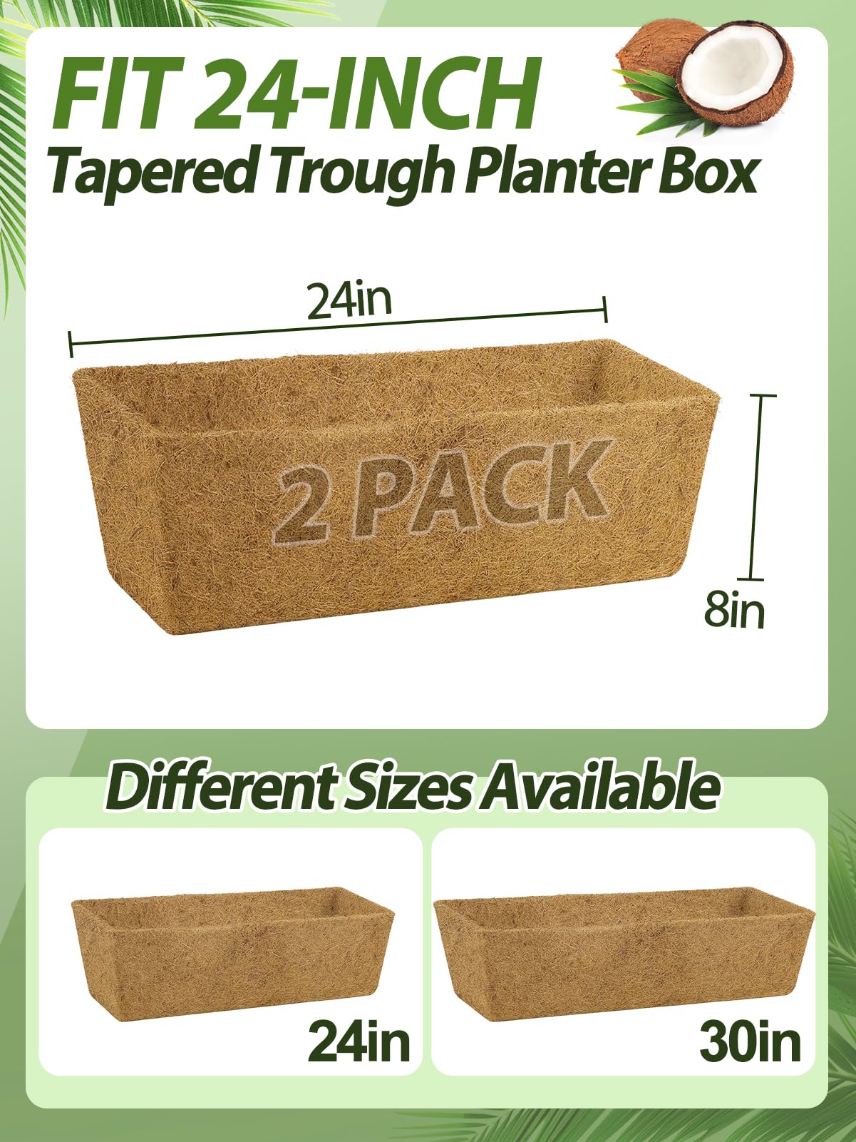 24in Tapered Coco Liners for Window Planter Box - 2 Pack 100% Natural Coconut Coir Fiber Liner Replacement for Deck Flower Box, Garden Railing Fence Wall Planter Basket