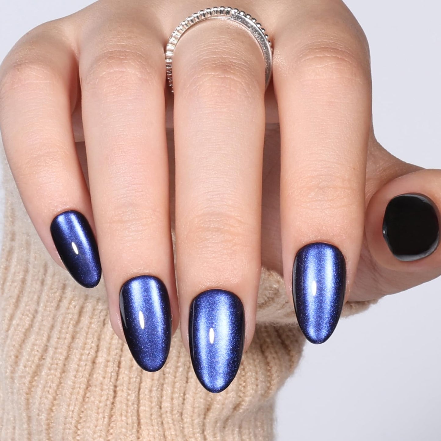 Blue Cat Eye Press On Nails Almond - Dark Blue Short Almond Fake Nails, Cateye Press On Nails Reusable Stick On Nails in 16 Sizes, 32pcs False Nail Kit for Women & Girls (Deep Ocean)