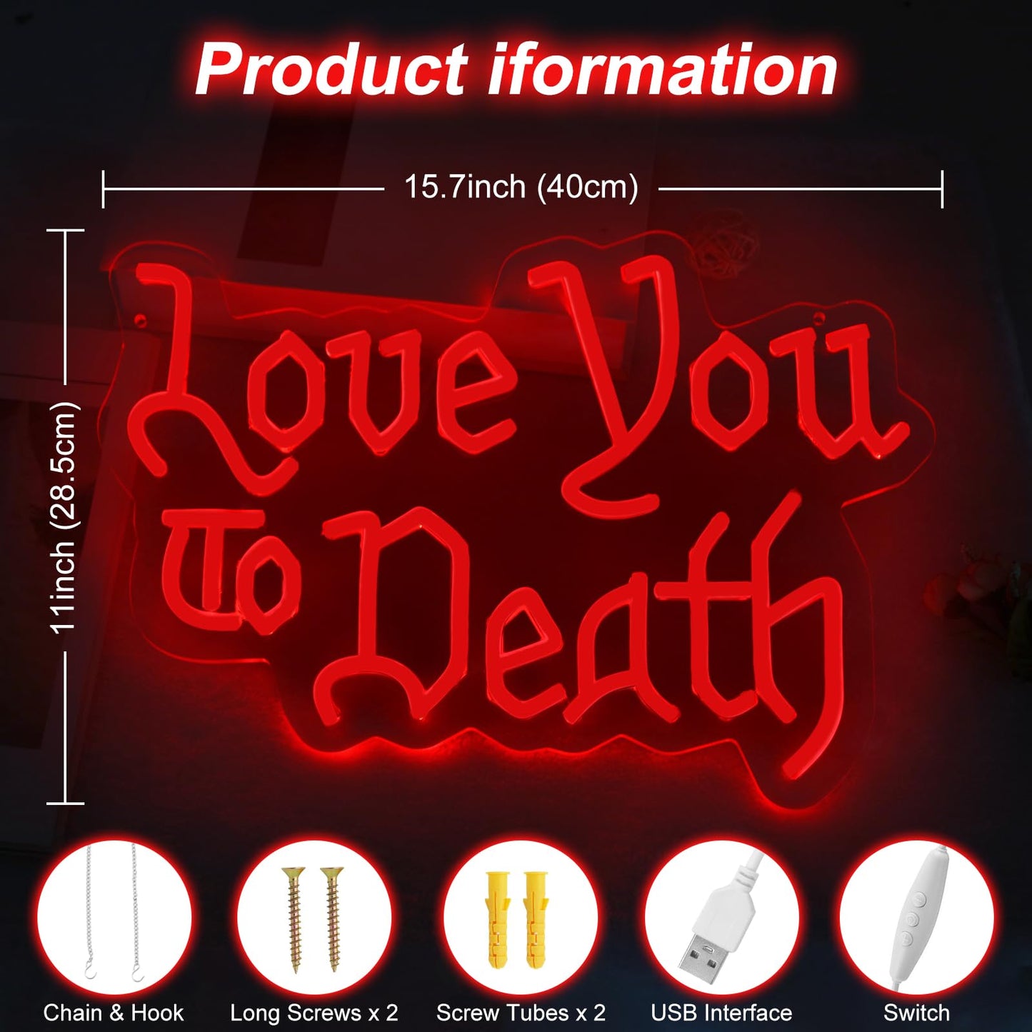 Love You to Death Neon Sign, Goth Lover Gift, 5-Level Dimmable Wedding LED Sign for Wall Decor, Witch Decor, Gifts for Goth Lovers, Goth Room Decor, Dark Art Decor, Gothic Wedding Sign