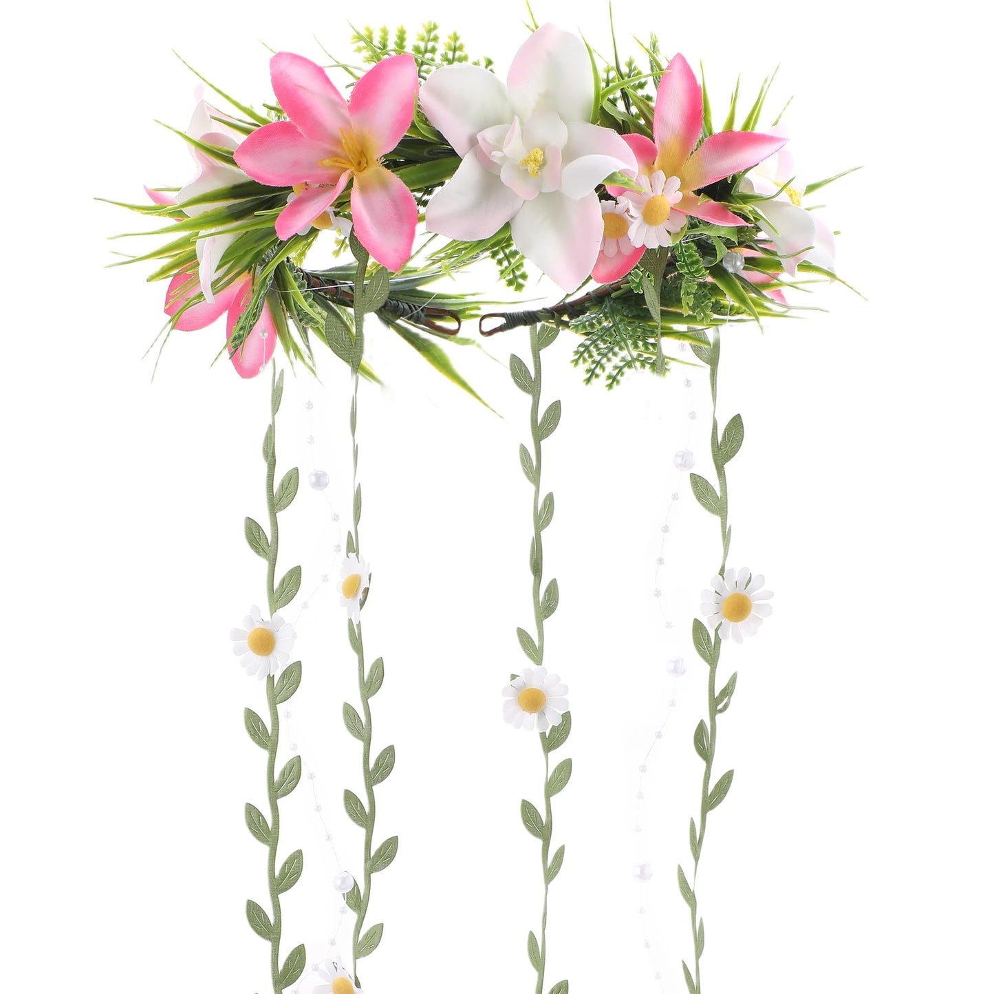 KorViSHOW Hawaiian Flower Crown Headbands, Pink Tropical Floral Headpiec, Artificial Hawaii Orchid Floral Headband with Daisy Vine for Women Summer Beach Hula Dress Up Accessory Party Favor Supplies