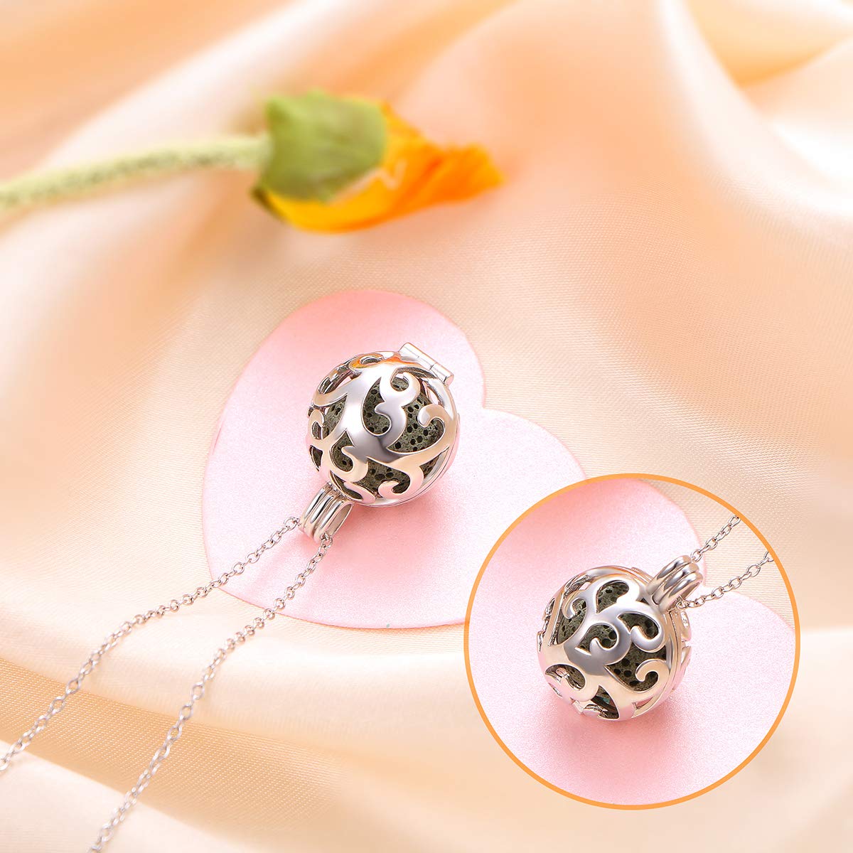 DAOCHONG Tree of Life Aromatherapy Necklace, S925 Sterling Silver Ball Shape Essential Oils Diffuser Locket Pendant Necklace 18+2 inches Rolo Chain with 10 PCS Stones