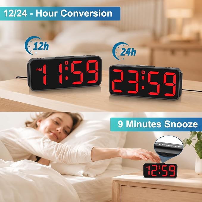Peakeep Small Digital Alarm Clock for Bedroom, Large Number, Battery Backup | Plug-in Tiny Electric Clock Brightness Dimmable for Bedsise Desk Table Small Spaces, 5 Volume, Easy to Set, Adapter Included