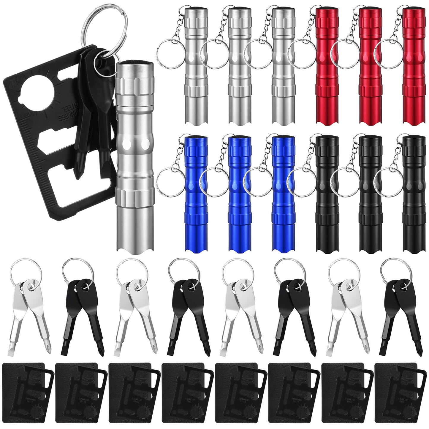 Glooglitter 24 Pcs Men Small Gifts Bulk Mini Screwdriver Flashlight Keychain Set Multitool Credit Card Survival Tool Employee Coworkers Fathers Gifts for Men Dad Husband, No Batteries Included