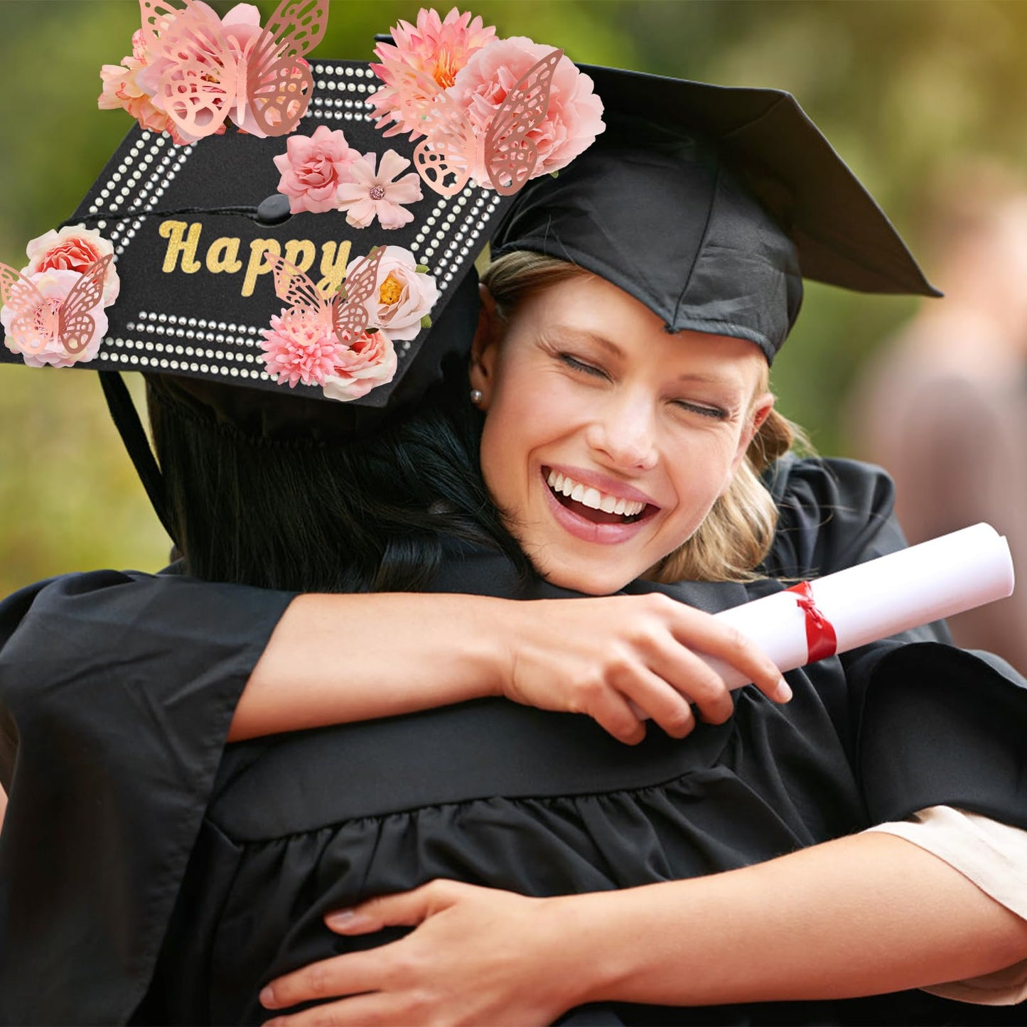 ZYNERY Graduation Cap Decorations Kit Grad Cap Topper Decor Includes Glitter Paper 3D Butterfly Faux Flower Letters Stickers, Cap Decorations for DIY Graduation Cap Topper (Pink)